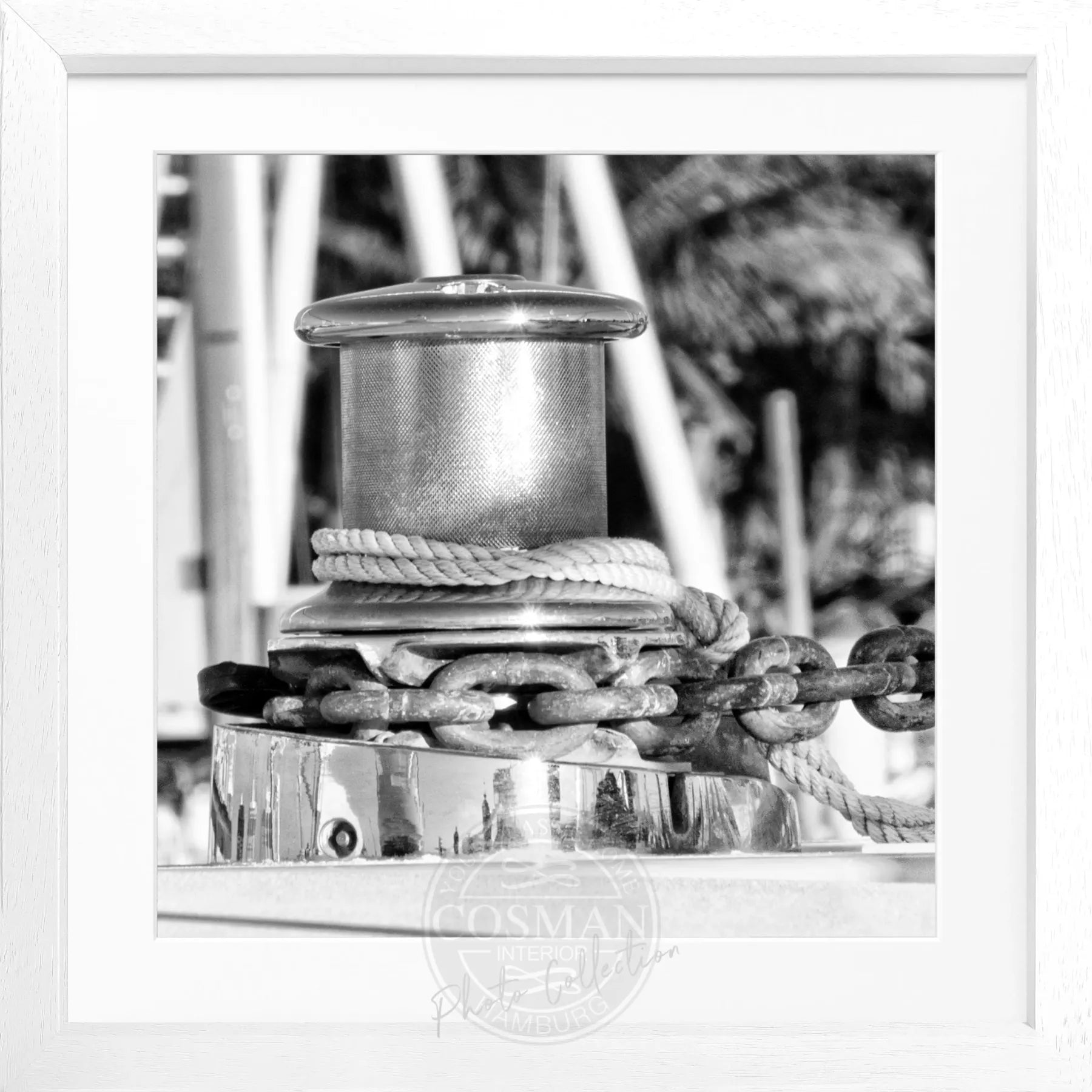 Schwarz-weiß Poster mit Rahmen 'Boat' von Cosman-Photocollection, Florida Key West Motiv, quadratisch 55x55cm