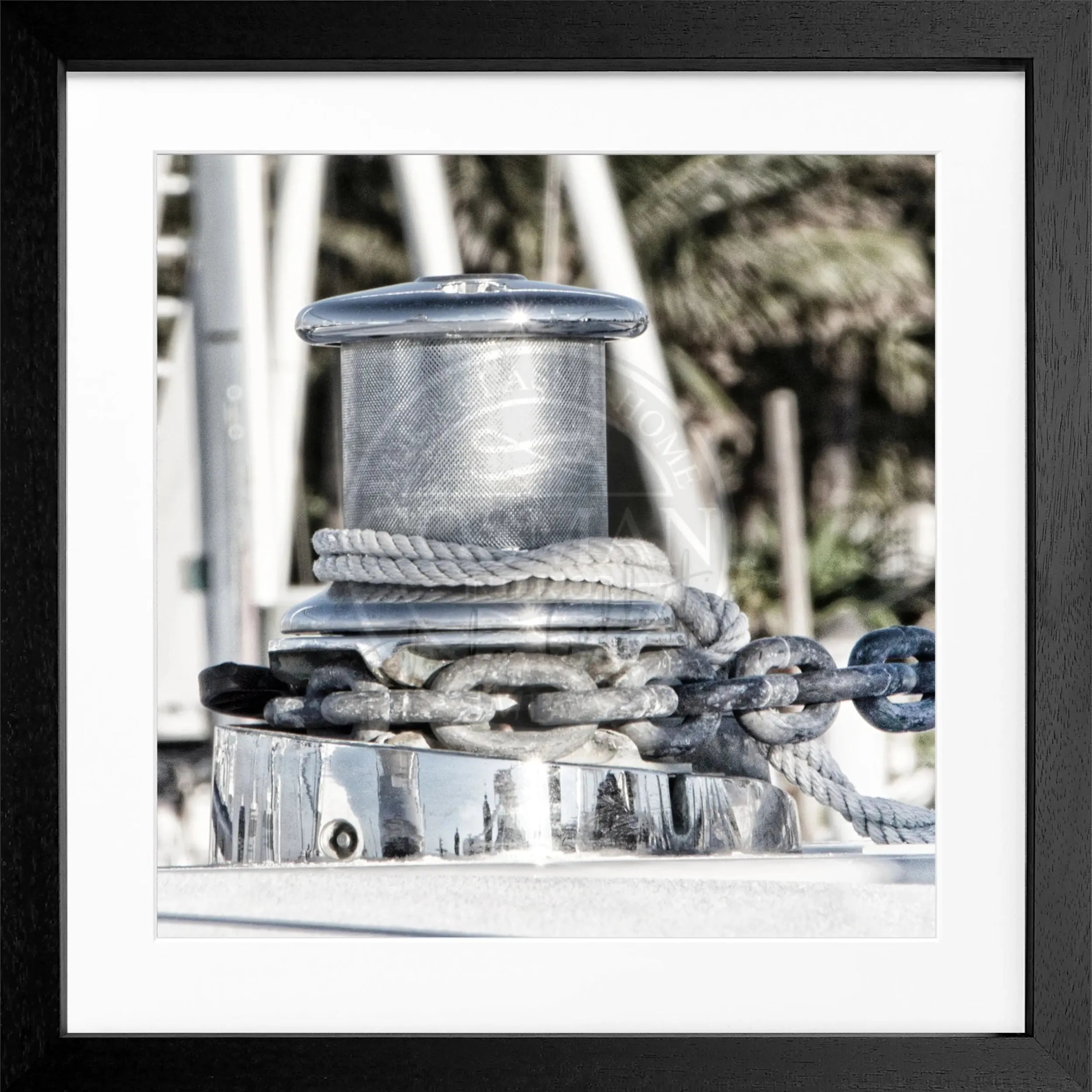 Schwarz-weißes Poster mit Rahmen von Cosman-Photocollection, Motiv eines Bootes in Florida Key West, quadratisch 55x55 cm