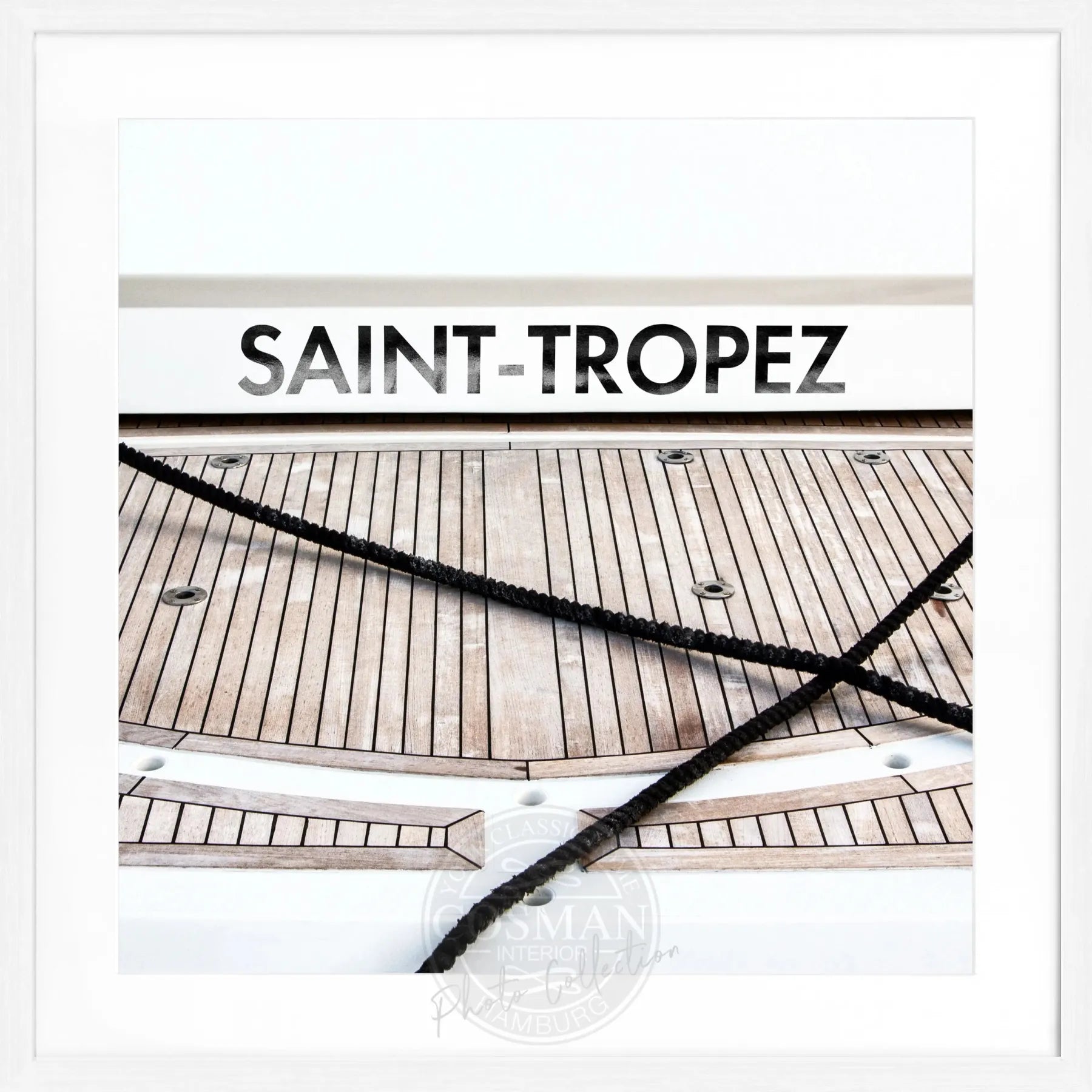Schwarz-weiß Poster mit Rahmen, Boot-Motiv in Saint Tropez, von Cosman-Photocollection, quadratisch, 55x55 cm
