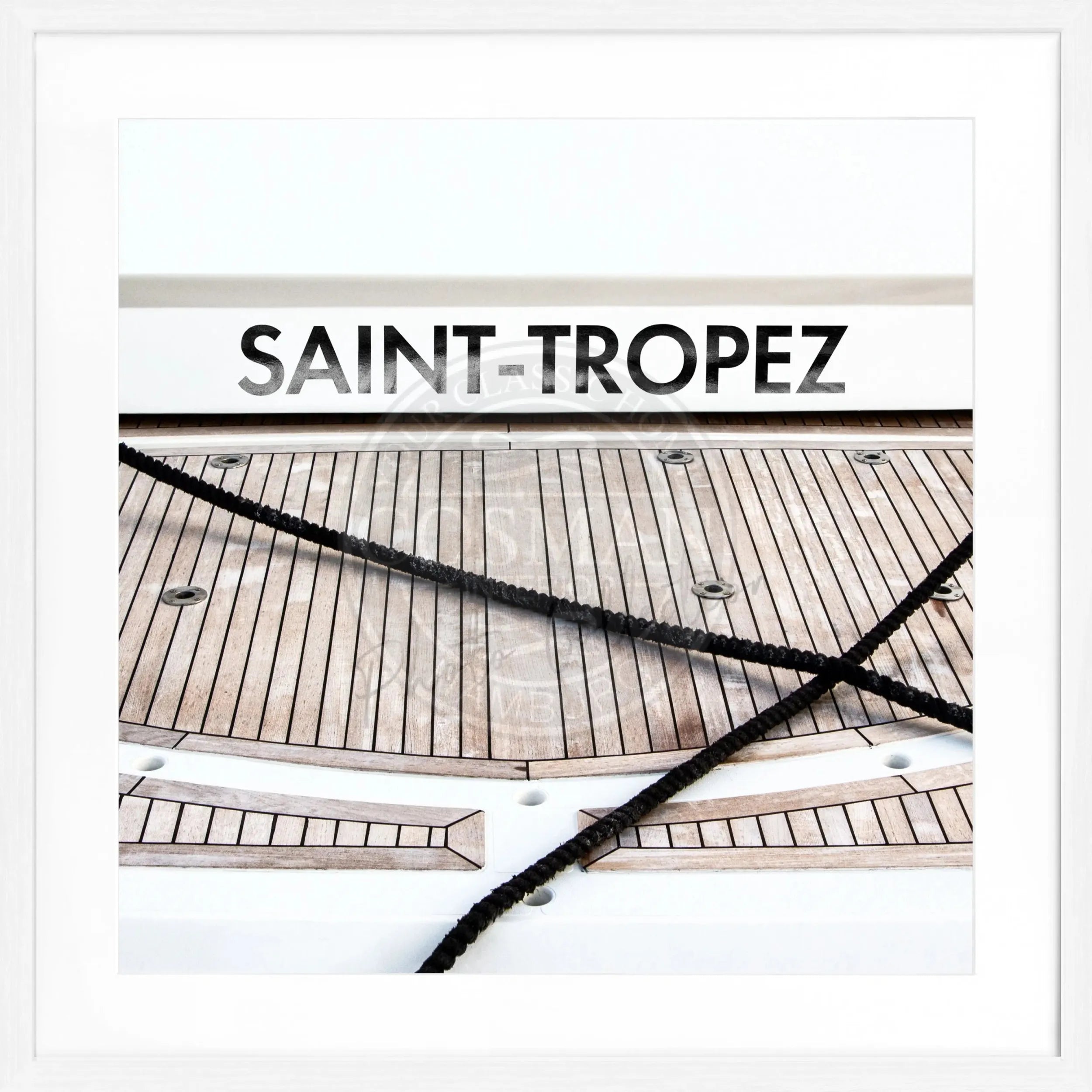 Schwarz-weiß Poster mit Rahmen, Boot-Motiv in Saint Tropez, von Cosman-Photocollection, quadratisch, 55x55 cm