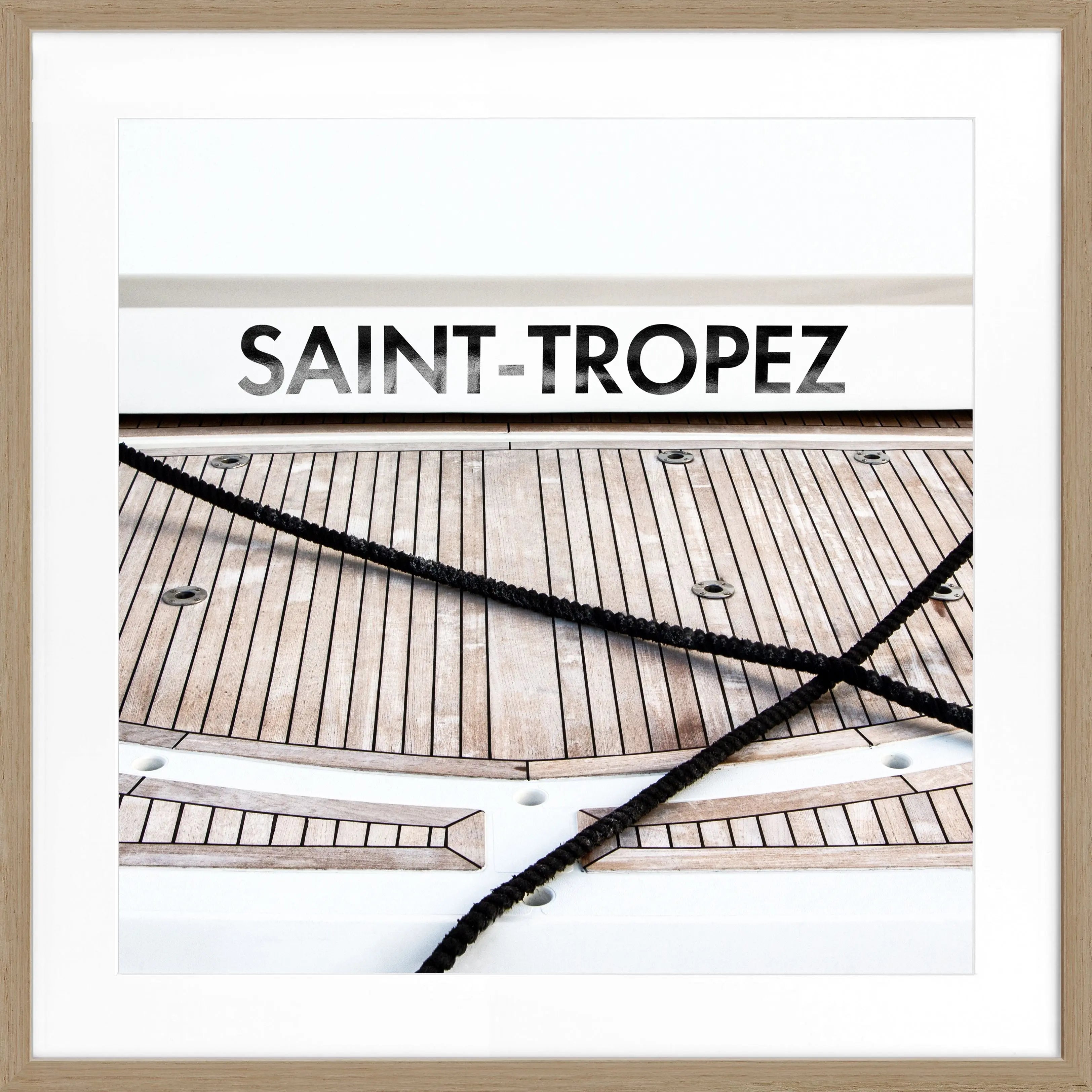 Schwarz-weiß Poster mit Rahmen, Boot-Motiv in Saint Tropez, Cosman-Photocollection, quadratisch 55x55 cm, stilvolle Wanddekoration