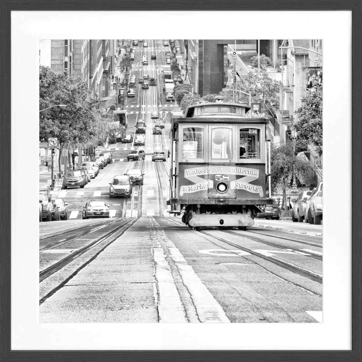 Schwarz-weiß Poster mit Rahmen von Cosman-Photocollection, San Francisco Cable Cars Motiv, quadratisch, 55x55cm