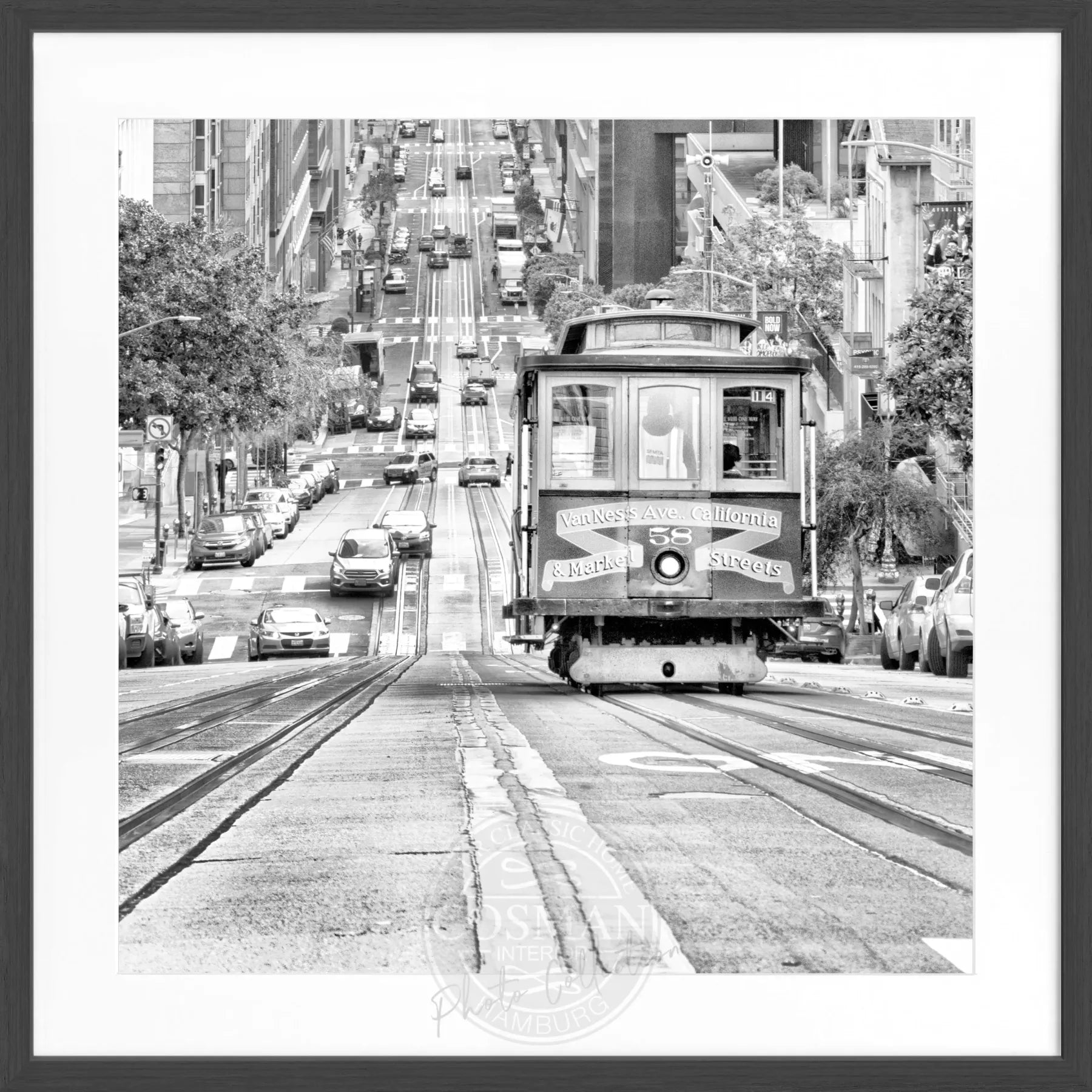 Schwarz-weiß Poster mit Rahmen von Cosman-Photocollection, San Francisco Cable Cars Motiv, quadratisch, 55x55cm