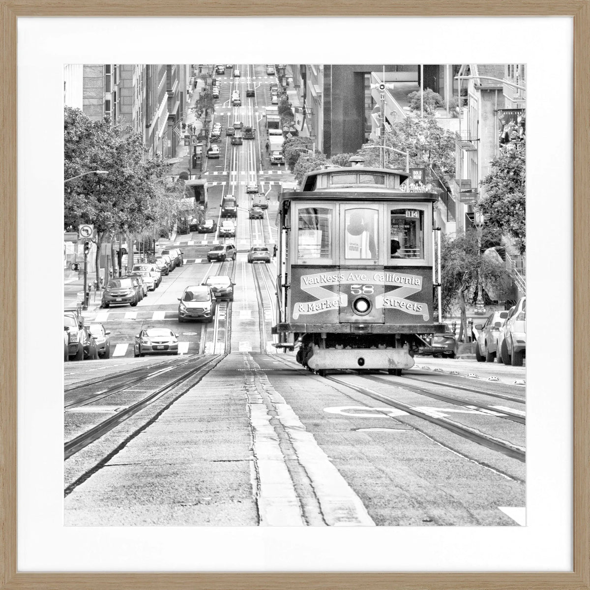 Schwarz-weiß Poster mit Rahmen, "Cable Cars" San Francisco, von Cosman-Photocollection, quadratisch, 55x55 cm, urbane Motivaufnahme