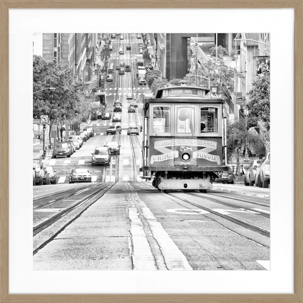 Schwarz-weiß Poster mit Rahmen, "Cable Cars" San Francisco, von Cosman-Photocollection, quadratisch, 55x55 cm, urbane Motivaufnahme