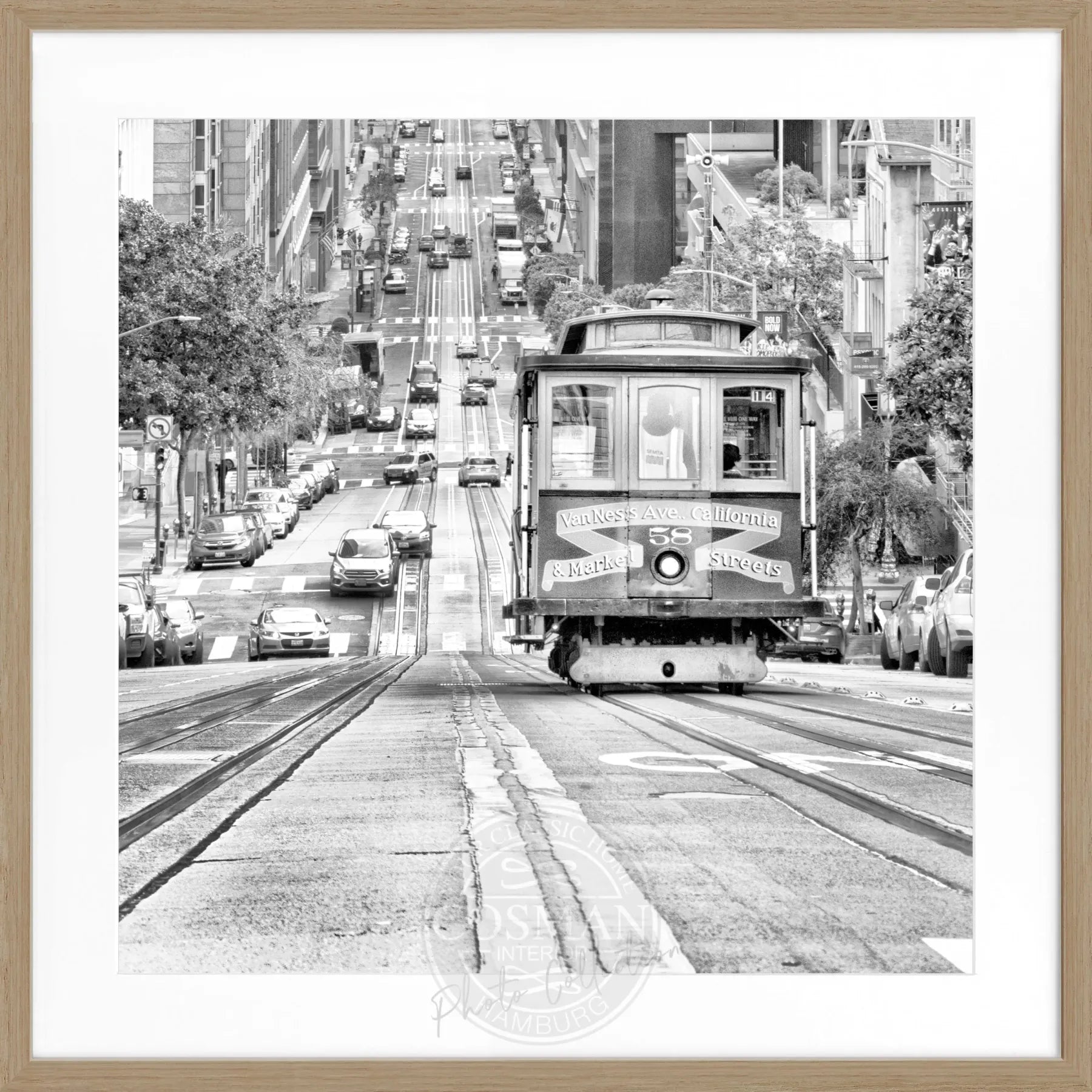 Schwarz-weiß Poster mit Rahmen, "Cable Cars" San Francisco, von Cosman-Photocollection, quadratisch, 55x55 cm, urbane Motivaufnahme