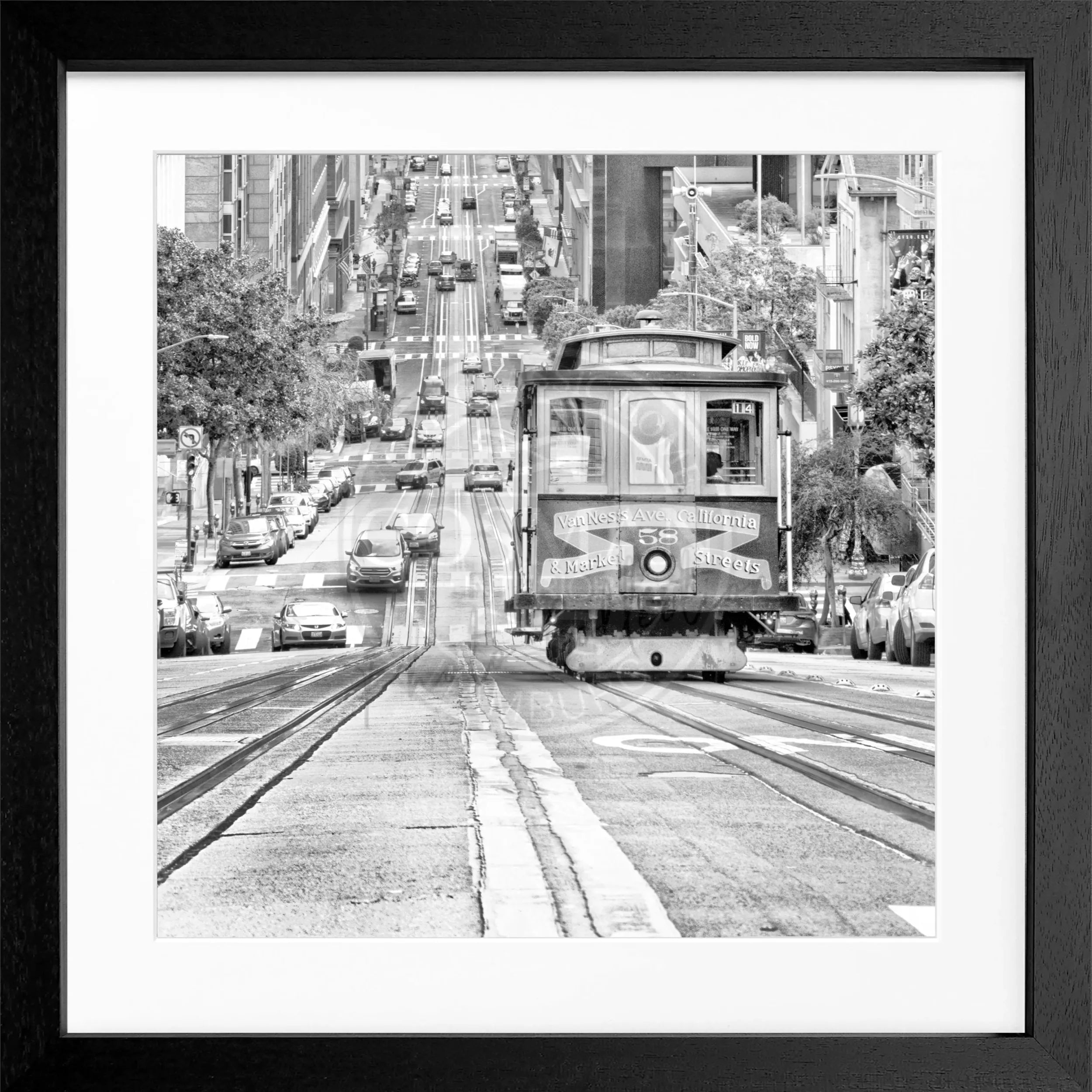 Schwarz-weiß Poster mit Rahmen, zeigt Cable Cars in San Francisco, von Cosman-Photocollection, quadratisch, 55x55 cm
