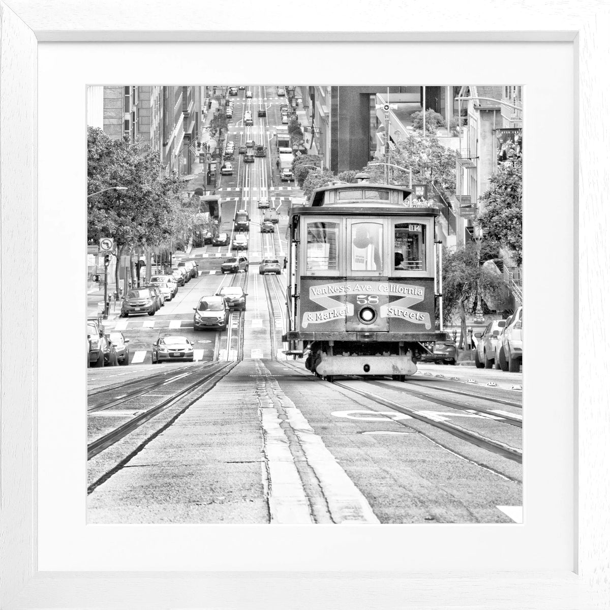 Schwarz-weiß Poster mit Rahmen von Cosman-Photocollection, San Francisco Cable Cars, quadratisch, 55x55cm, urbanes Stadtmotiv