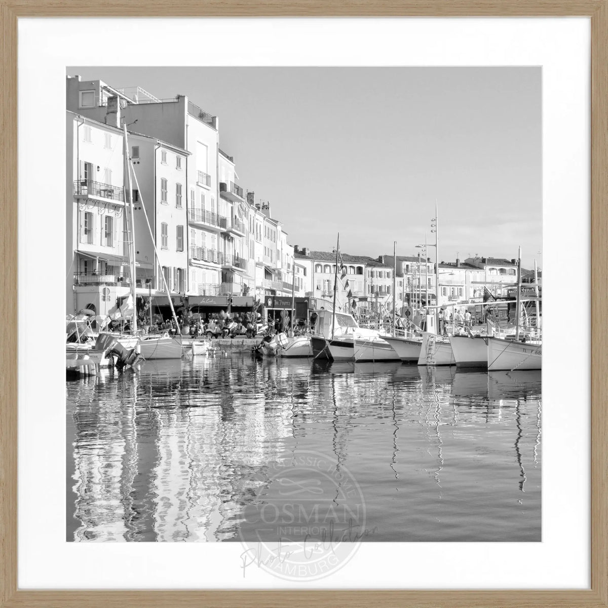 Schwarz-weiß Poster mit Rahmen 'Hafen' Saint Tropez, quadratisch 55x55cm, von Cosman-Photocollection, maritimes Motiv