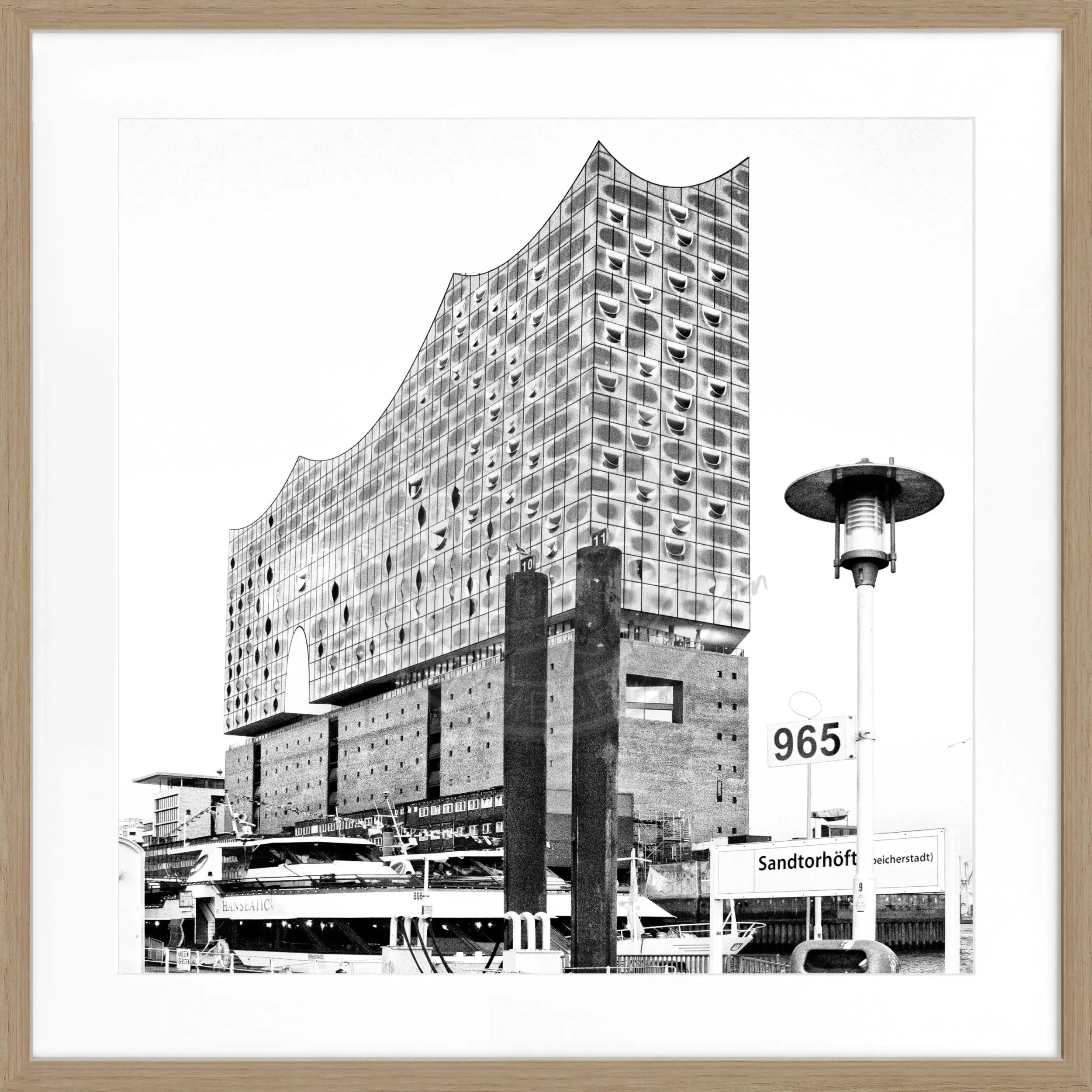 Schwarz-weiß Poster der Elbphilharmonie in Hamburg mit Rahmen, 55x55 cm, von Cosman-Photocollection.
