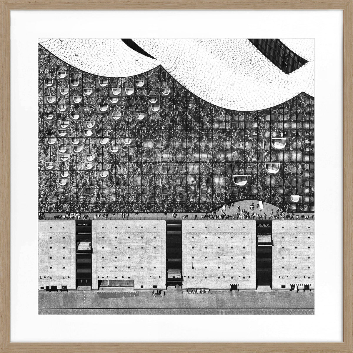 Schwarz-weiß Poster mit Rahmen von Cosman-Photocollection, Hamburg 'Elphi' Motiv, quadratisch, 55x55 cm