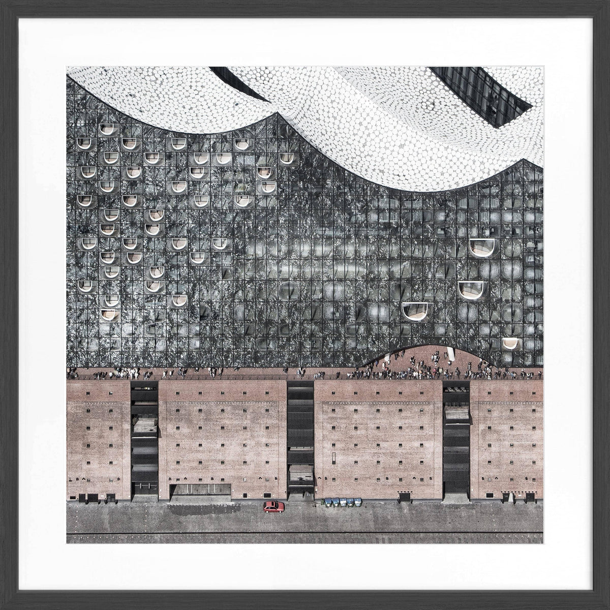 Schwarz-weiß Poster mit Rahmen, Hamburg Elphi Motiv, von Cosman-Photocollection, quadratisch 55x55 cm, Stadtbild.