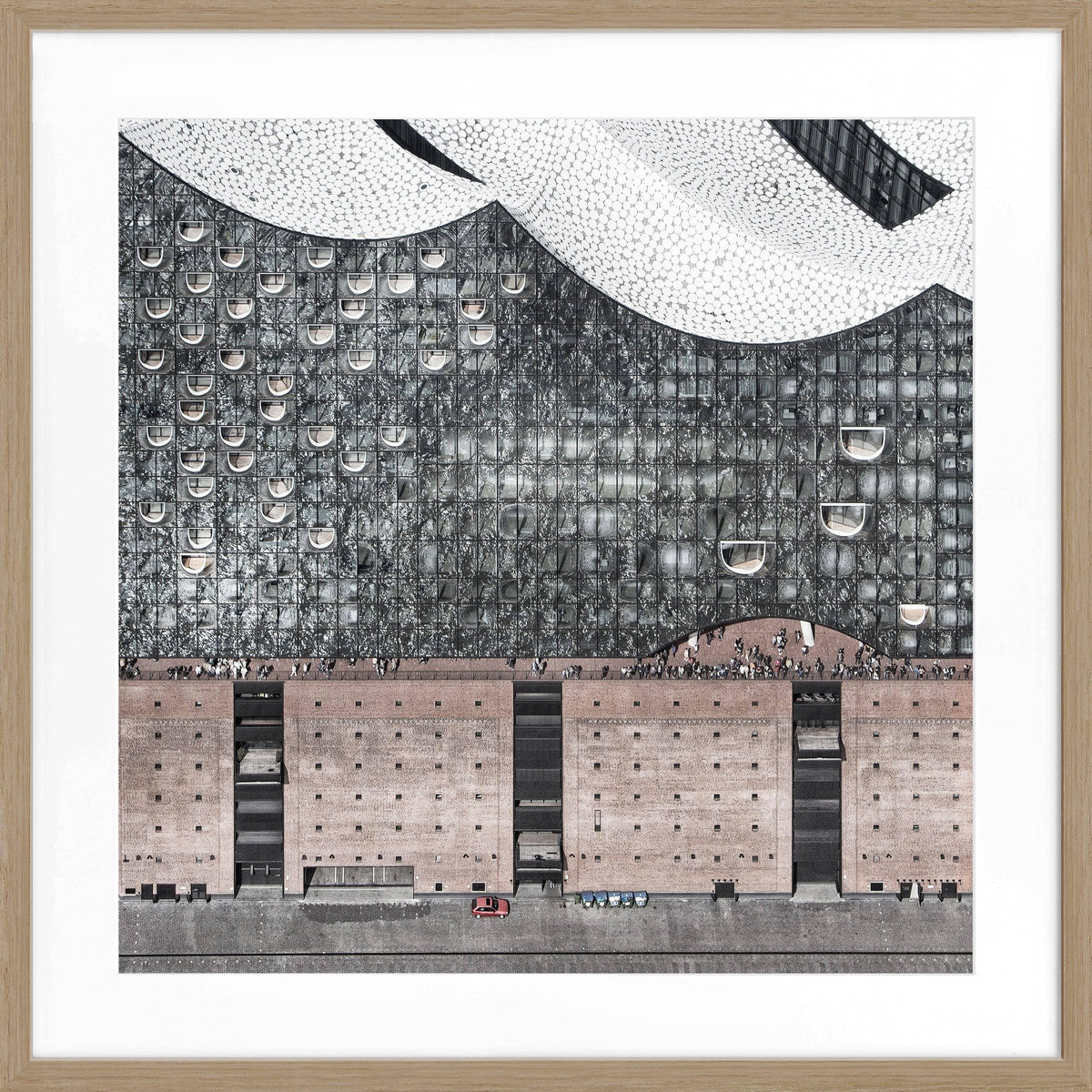 Schwarz-weiß Poster mit Rahmen von Hamburg Elphi, quadratisch, 55x55cm, von Cosman-Photocollection, modernes Stadtmotiv