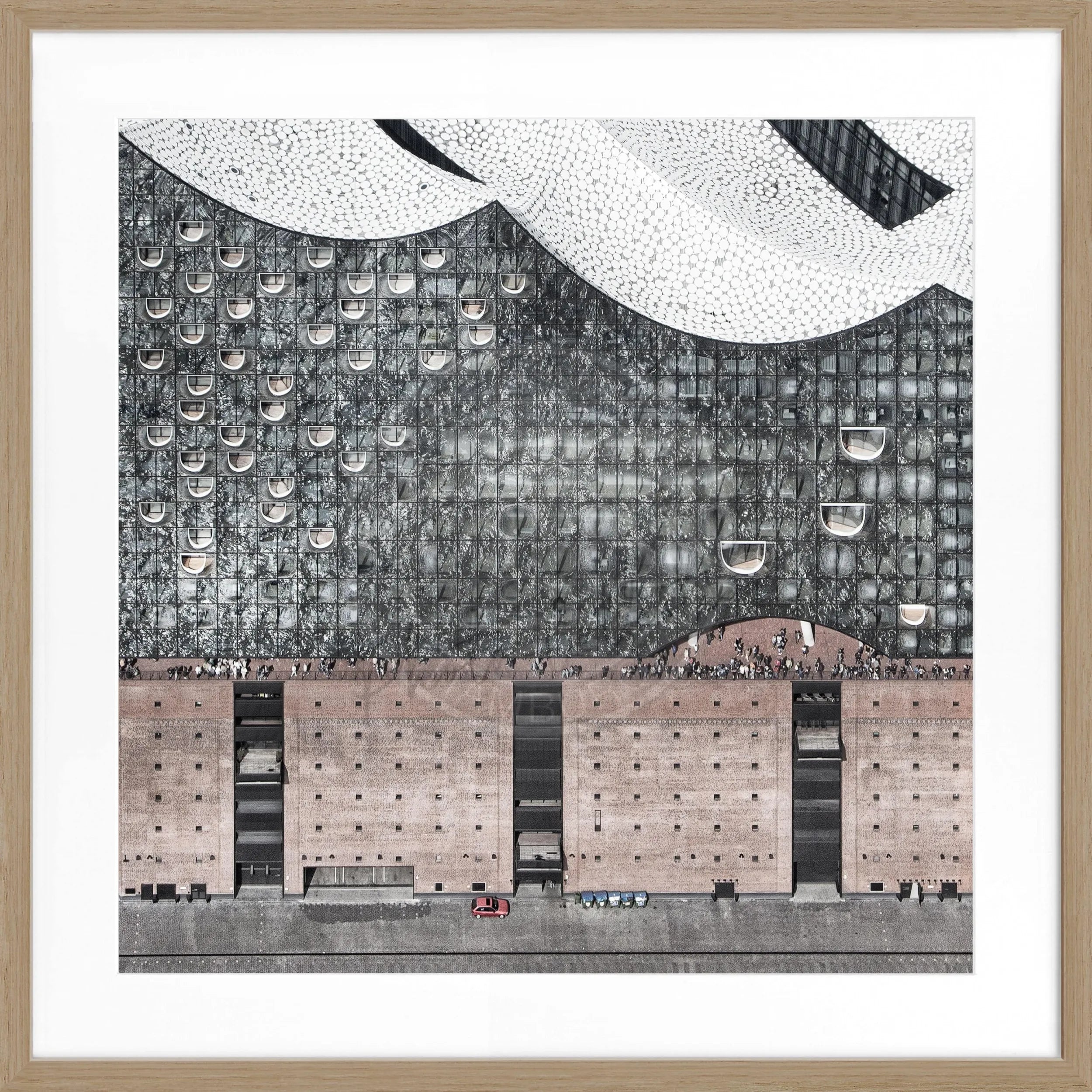 Schwarz-weiß Poster mit Rahmen von Hamburg Elphi, quadratisch, 55x55cm, von Cosman-Photocollection, modernes Stadtmotiv