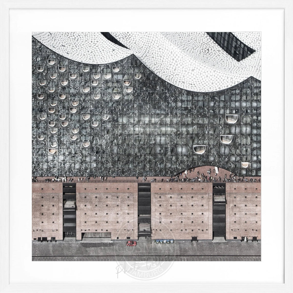 Schwarz-weißes Poster mit Rahmen, Hamburg Elphi Motiv, 55x55cm, von Cosman-Photocollection, stilvolle Wanddekoration