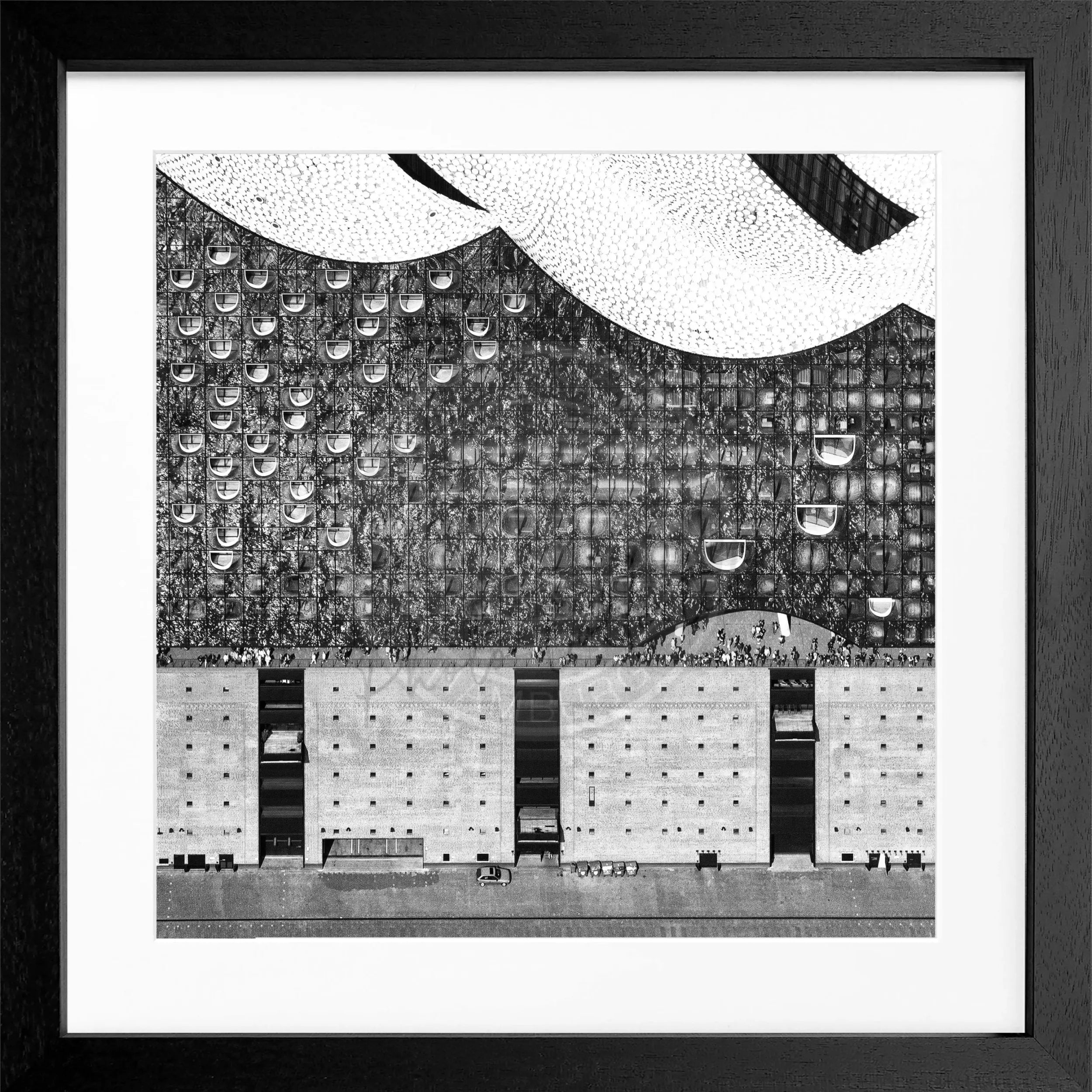 Schwarz-weiß Poster mit Rahmen, Hamburg Elphi Motiv, quadratisch 55x55cm, von Cosman-Photocollection