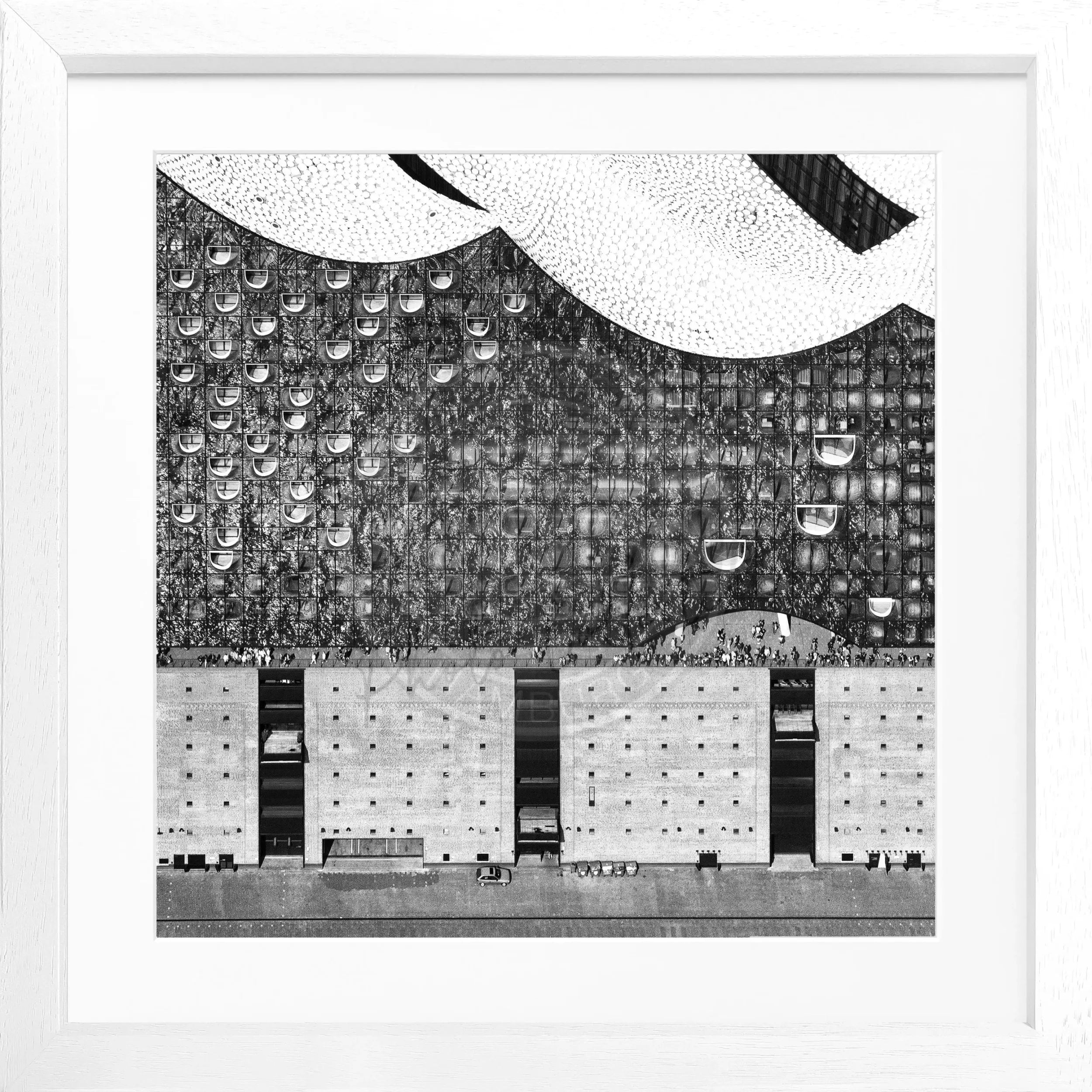 Schwarz-weiß Poster mit Rahmen von Hamburg Elphi, quadratisch, 55x55cm, von Cosman-Photocollection, modernes Wandbild