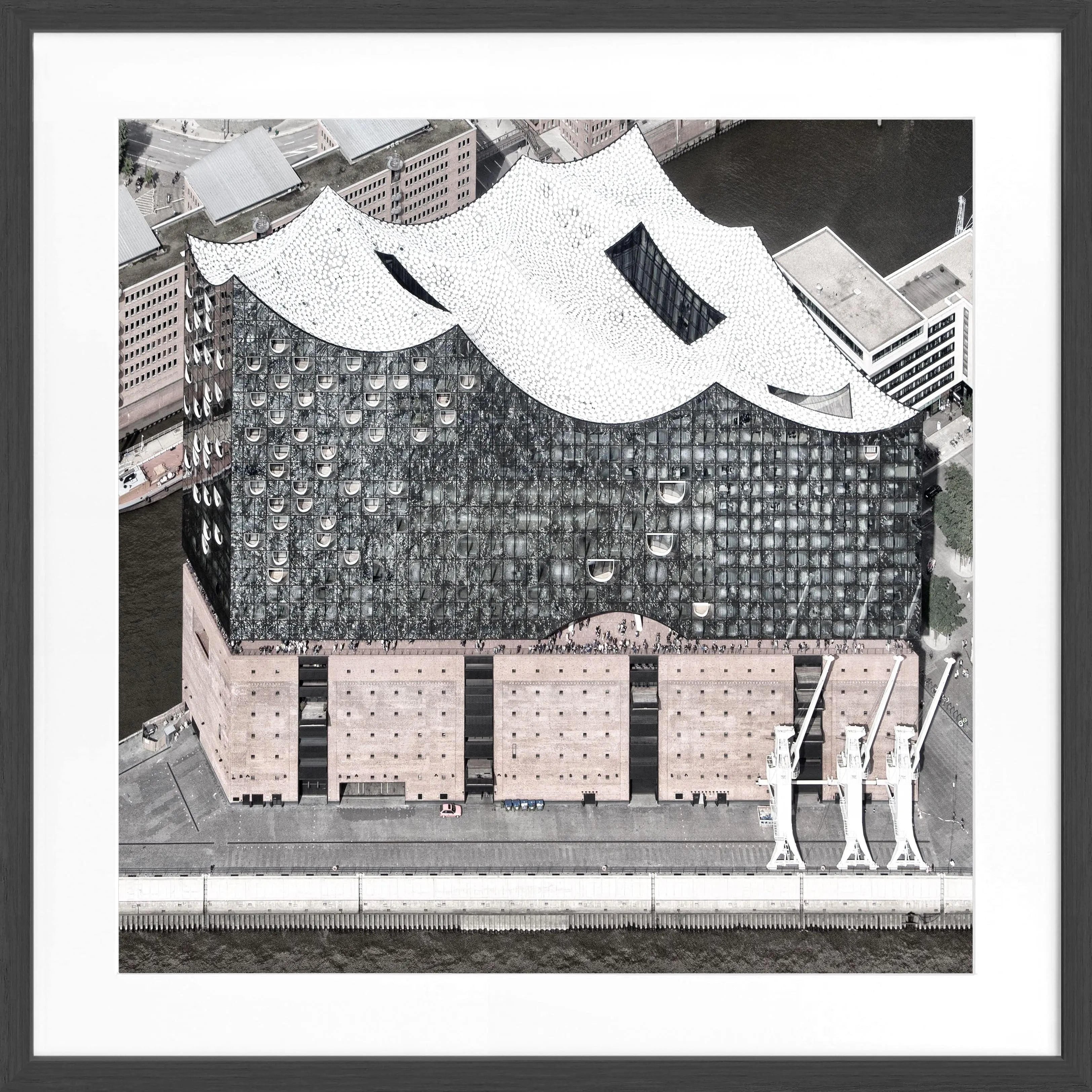 Schwarz-weiß poster mit Rahmen von Hamburg Elphi, quadratisch, 55x55cm, von Cosman-Photocollection, modernes Stadtmotiv