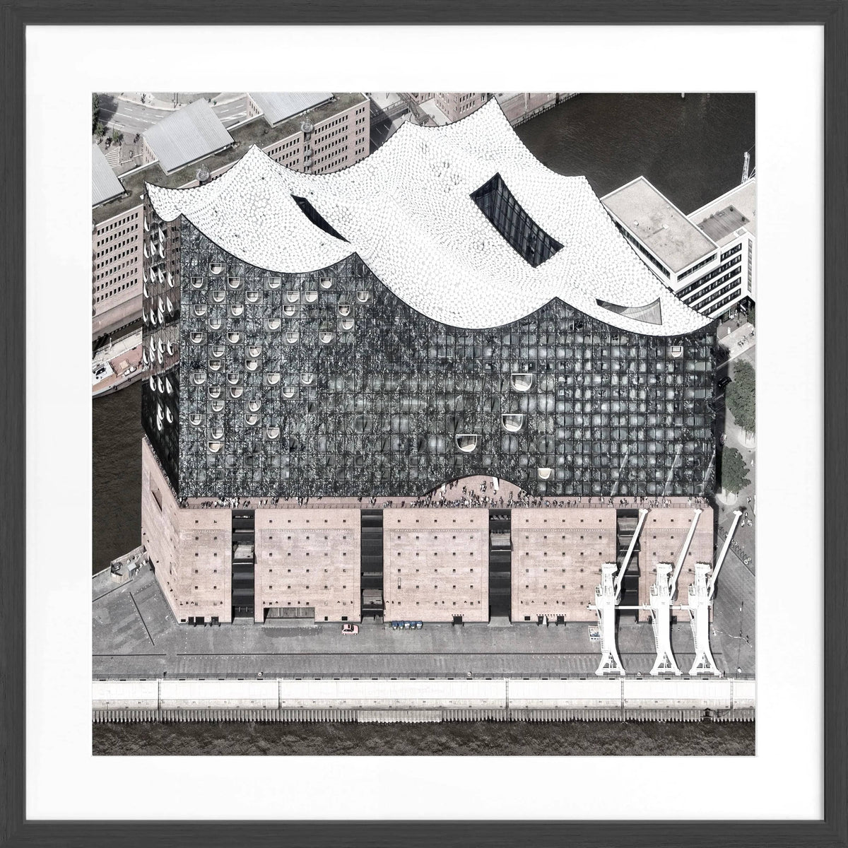 Schwarz-weiß Poster mit Rahmen von Hamburg Elphi, quadratisches Wandbild von Cosman-Photocollection, 55x55 cm