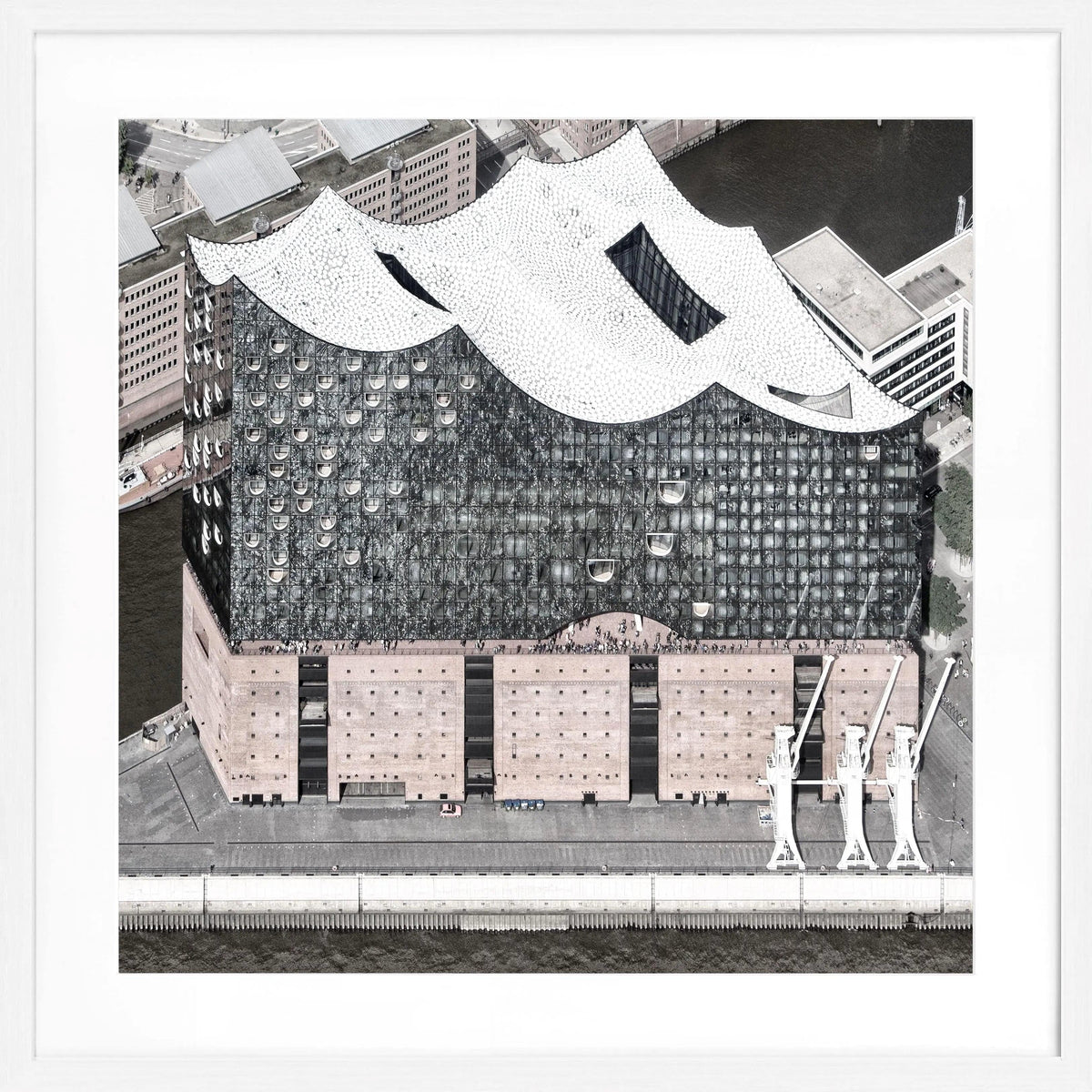 Schwarz-weiß Poster mit Rahmen von Hamburgs Elphi-Motiv, 55x55cm, von Cosman-Photocollection, quadratisches Wandbild