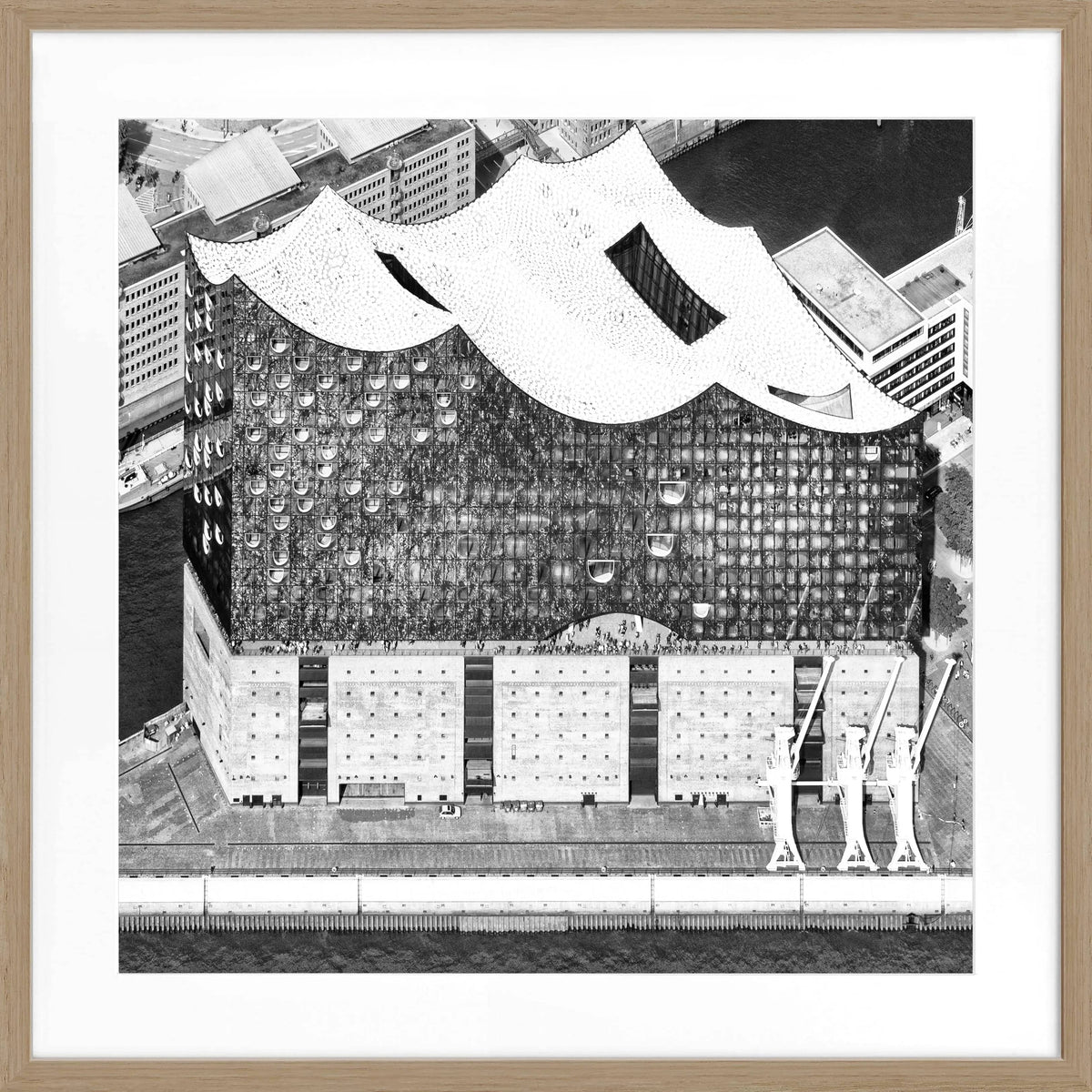 Schwarz-weiß Poster mit Rahmen von Hamburg Elphi, quadratisch, 55x55cm, von Cosman-Photocollection, beeindruckendes Stadtmotiv