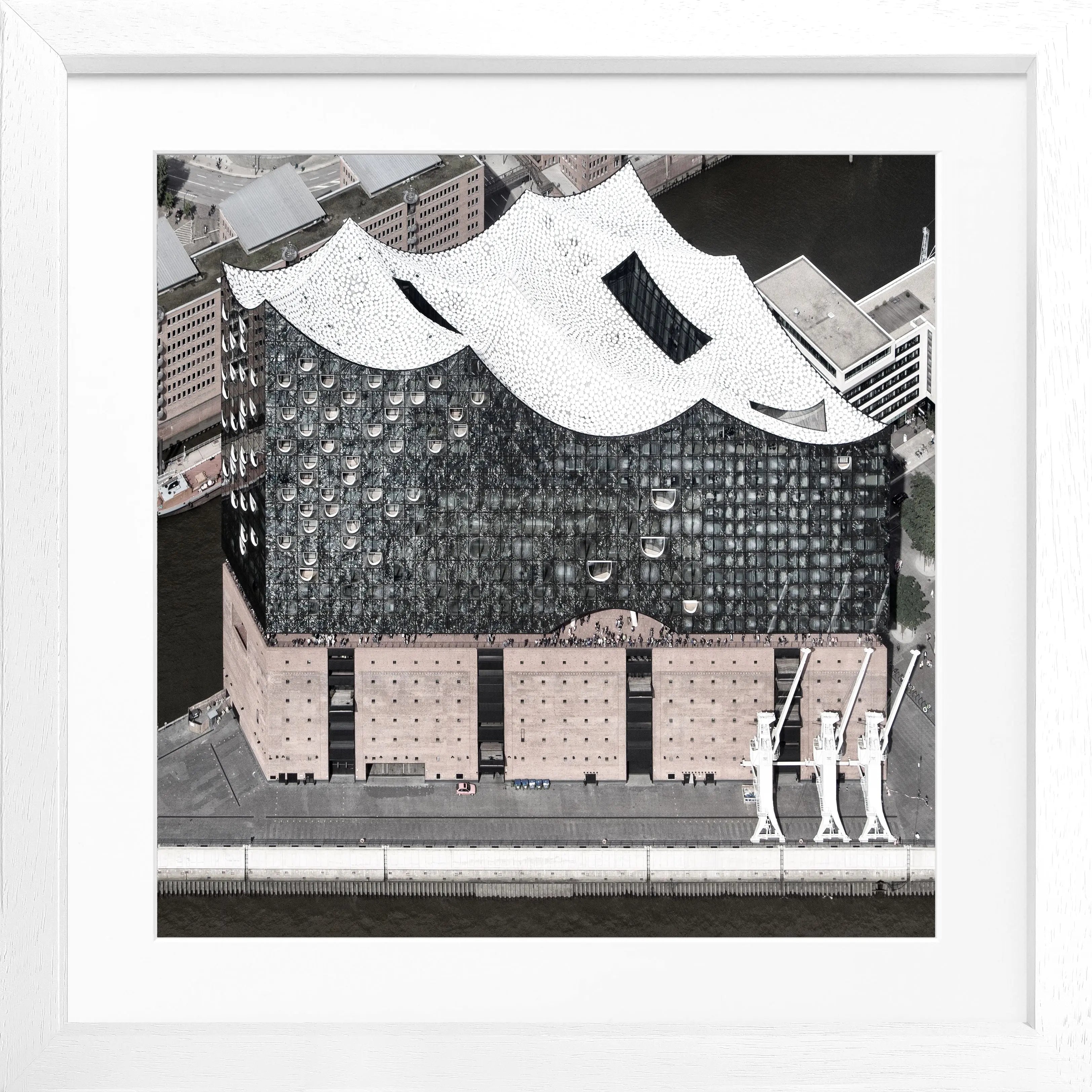 Schwarz-weiß Poster mit Rahmen von Hamburg Elphi, quadratisch, 55x55cm, von Cosman-Photocollection, ikonisches Stadtmotiv