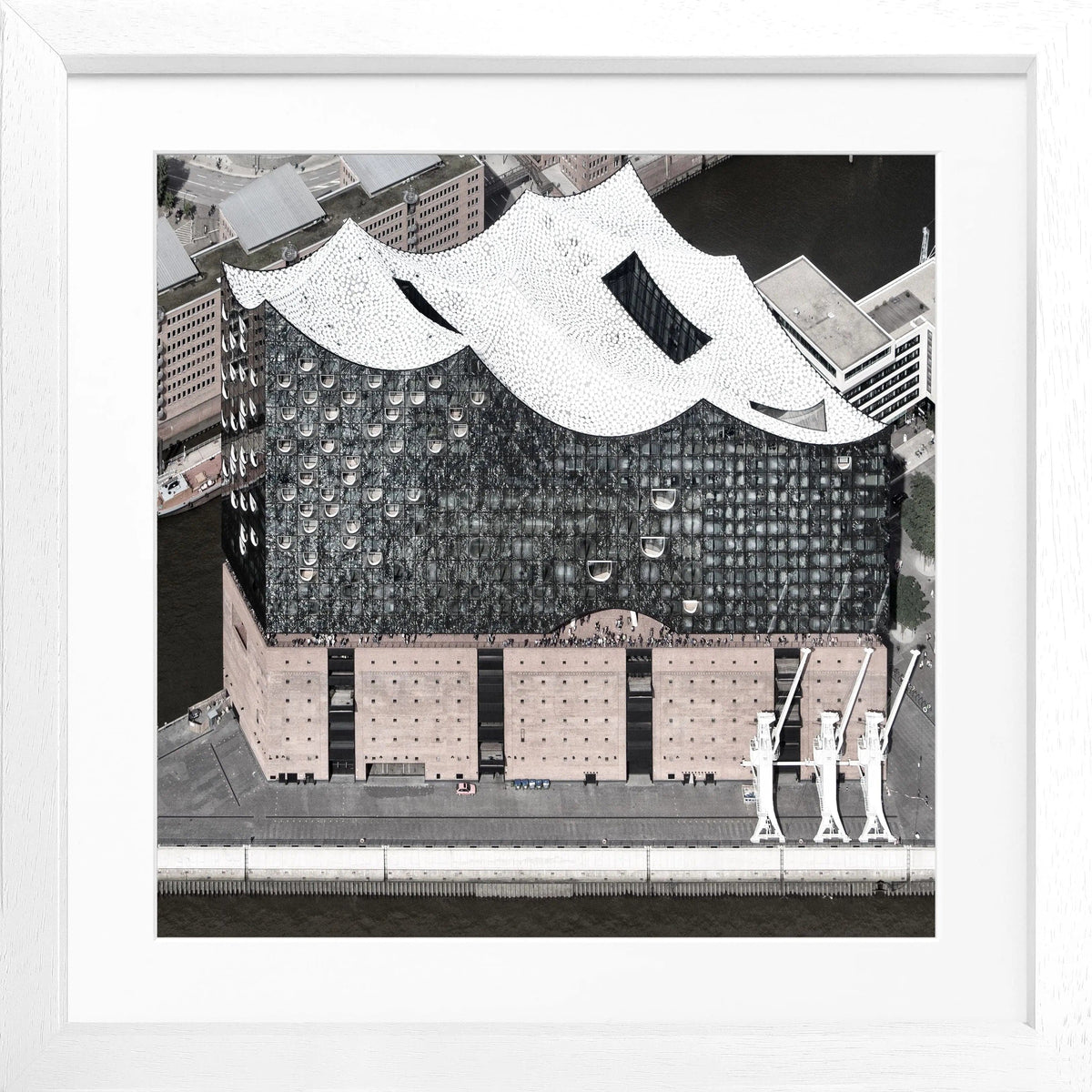 Schwarz-weiß Poster mit Rahmen Hamburg Elphi HH47, quadratisches Wandbild von Cosman-Photocollection, 55x55 cm