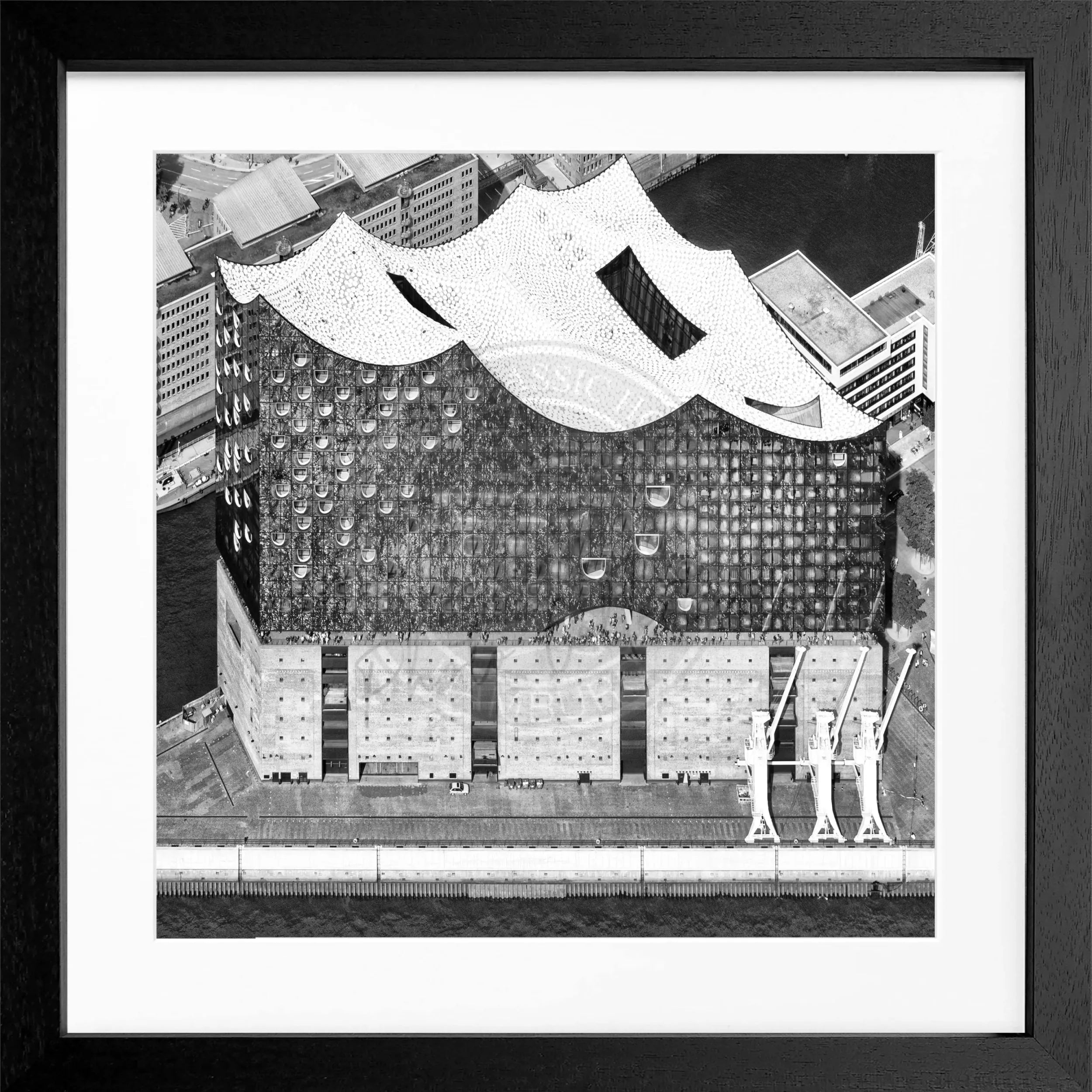 Schwarz-weiß Poster mit Rahmen von Hamburg Elphi, quadratisch, 55x55cm, von Cosman-Photocollection.