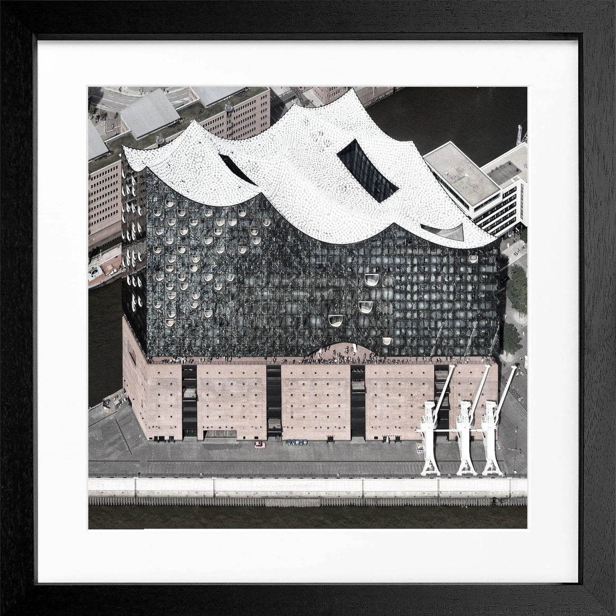 Schwarz-weiß Poster mit Rahmen von Hamburg Elphi, quadratisch, 55x55cm, von Cosman-Photocollection