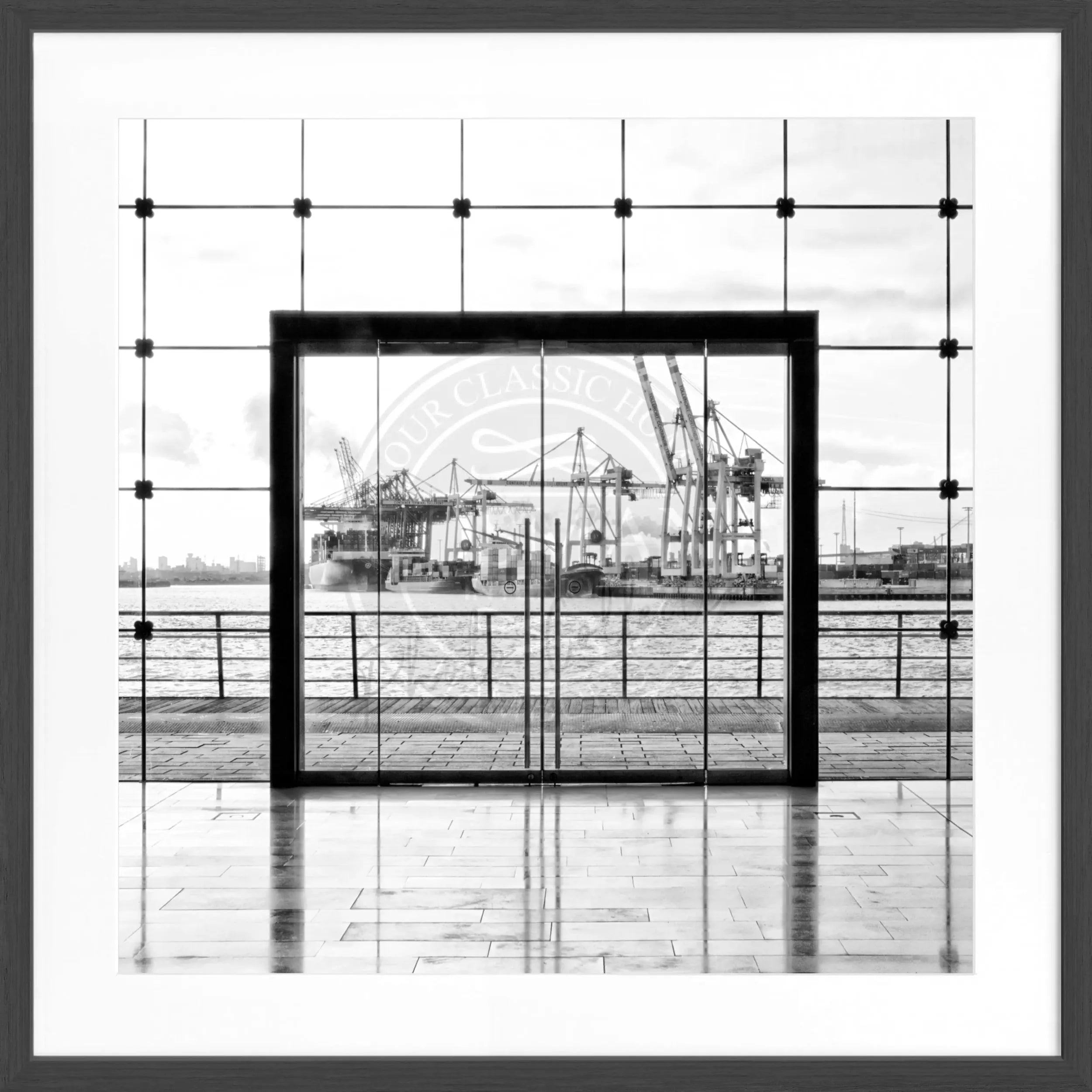 Schwarz-weißes Hamburg-Poster mit Rahmen, quadratisches Format 55x55cm, von Cosman-Photocollection, Wanddekoration.