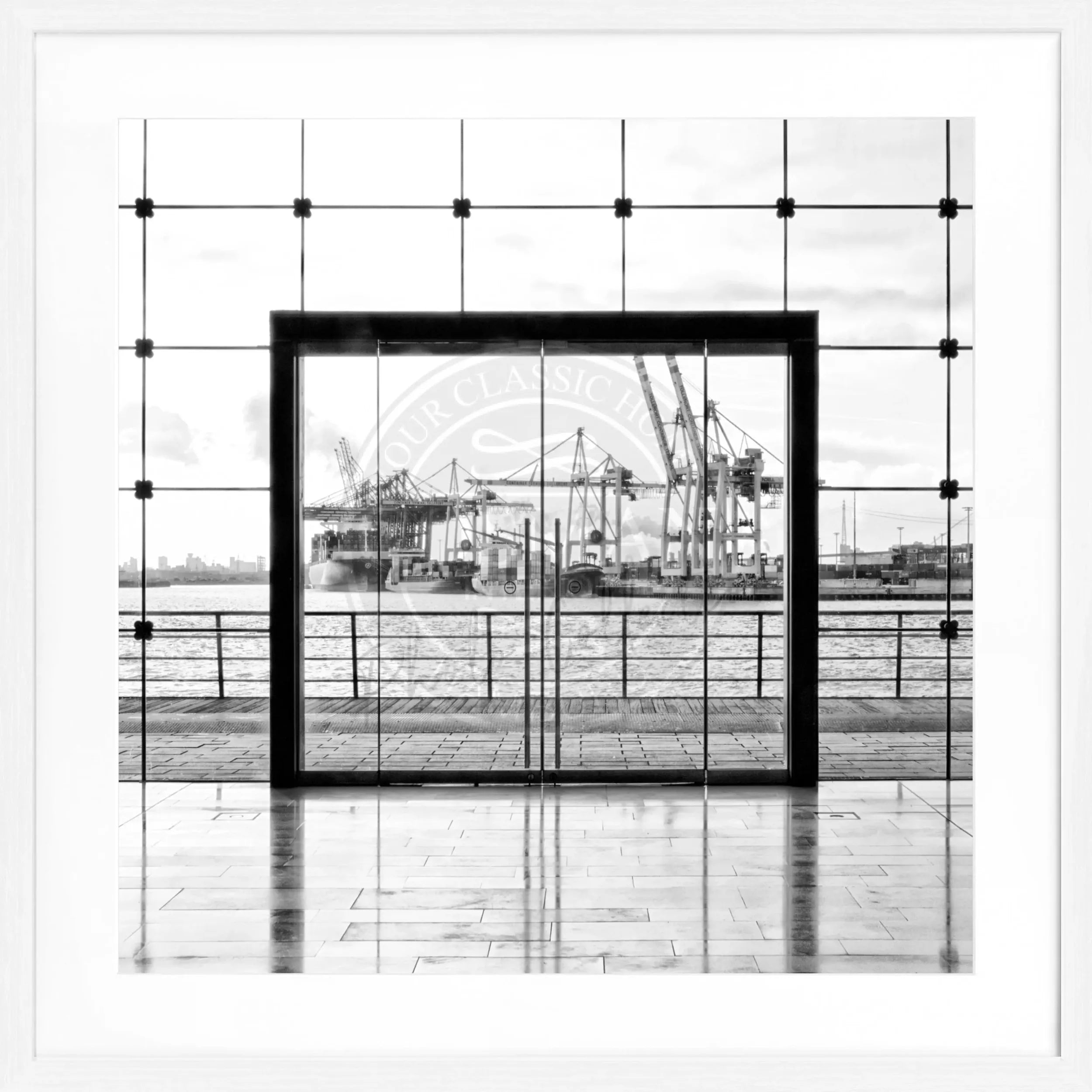 Schwarz-weißes quadratisches Hamburg-Poster mit Rahmen, 55x55cm, von Cosman-Photocollection, modernes Wandbild