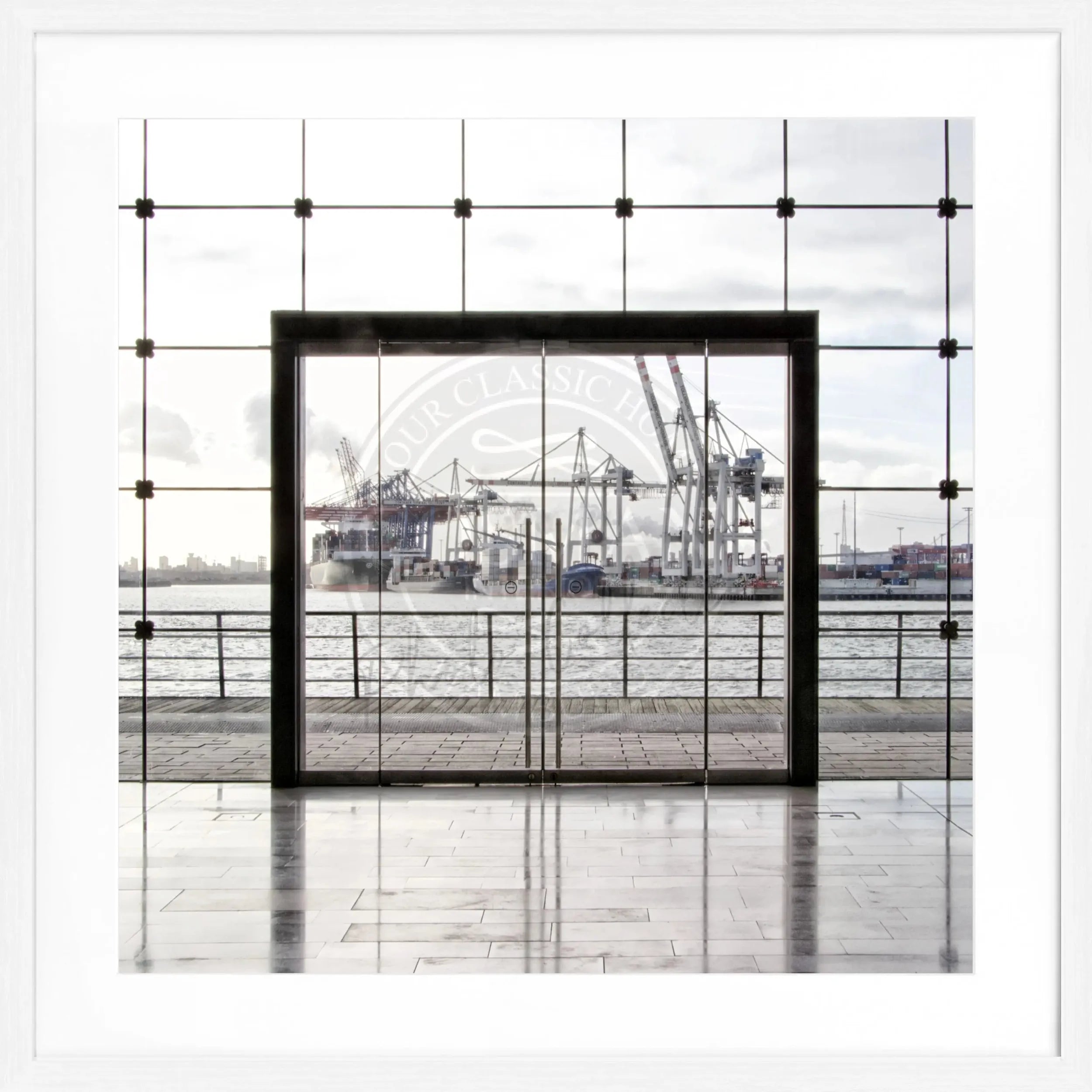 Schwarz-weiß Poster mit Rahmen von Cosman-Photocollection, Hamburg Stadtbild, quadratisch, 55x55cm, kunstvolles Wandbild