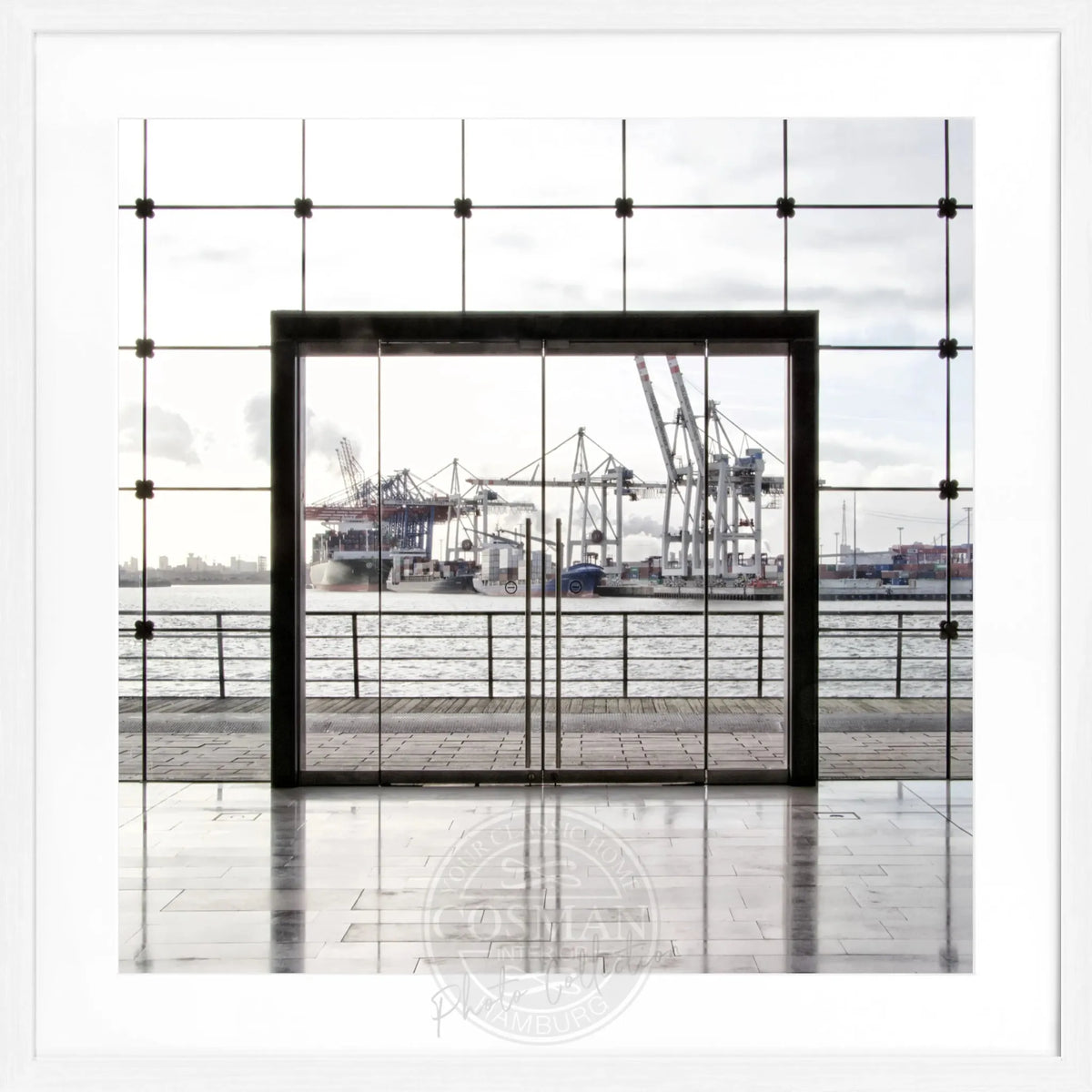 Schwarz-weiß Poster mit Rahmen von Cosman-Photocollection, Hamburg Stadtbild, quadratisch, 55x55cm, kunstvolles Wandbild