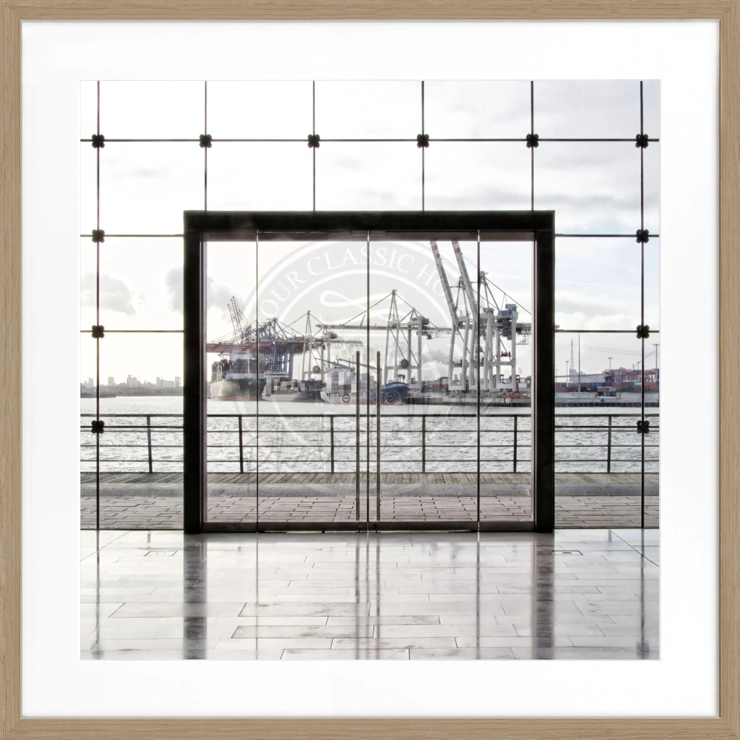 Schwarz-weiß Poster mit Rahmen von Cosman-Photocollection, Hamburg-Motiv, quadratisch 55x55cm, modernes Wandbild
