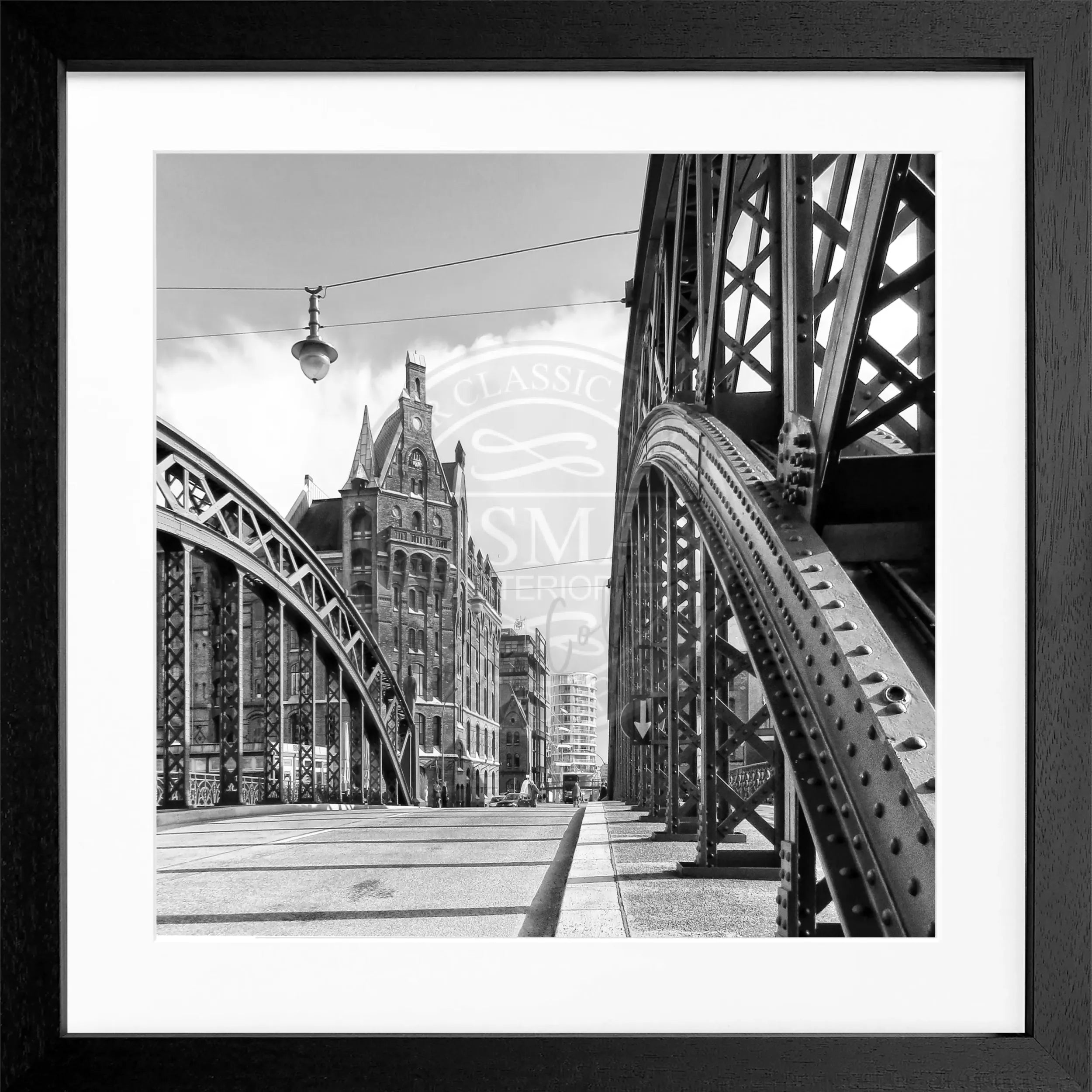 Schwarzes und weißes quadratisches Poster mit Rahmen, Hamburg Speicherstadt Motiv, von Cosman-Photocollection, 55x55cm