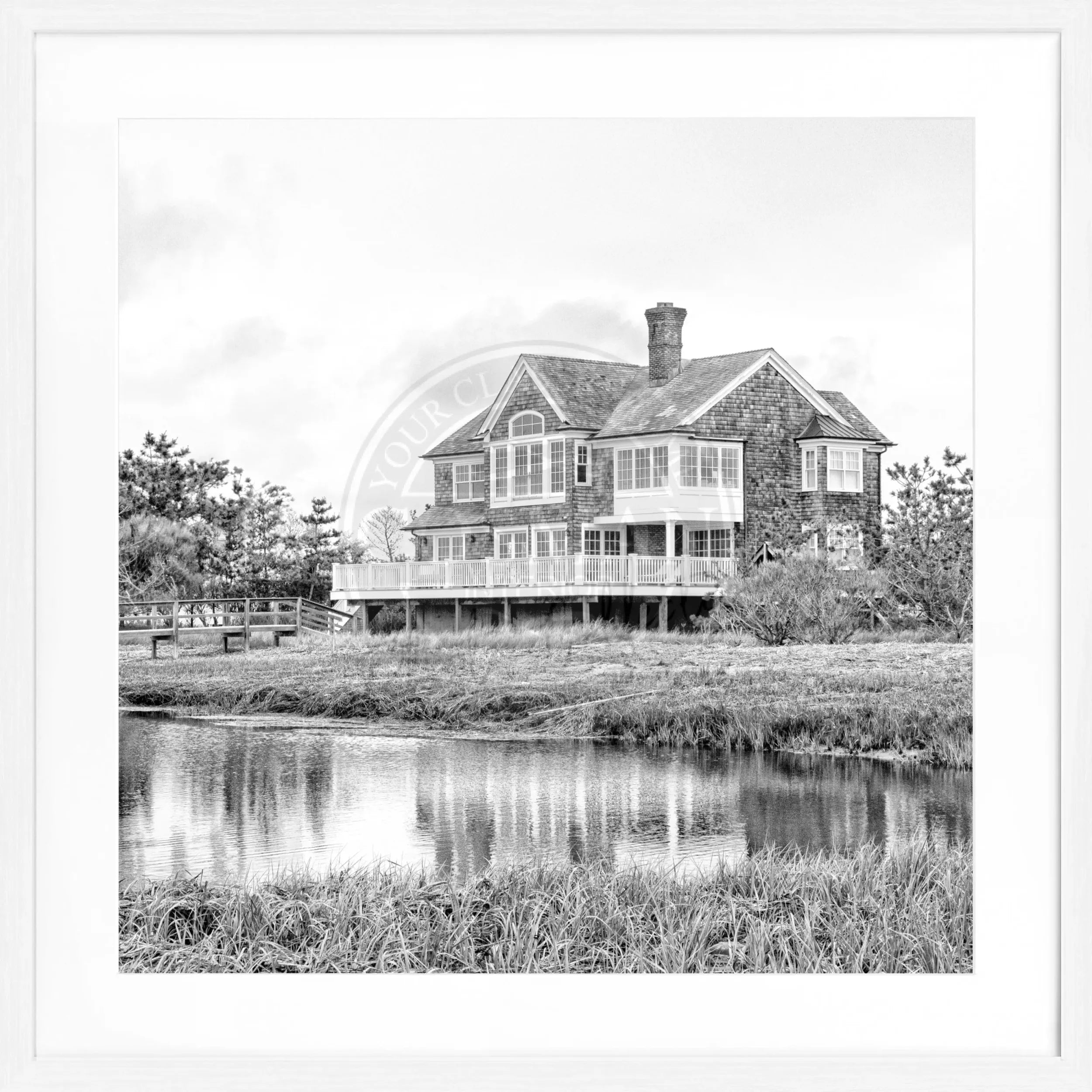 Schwarz-weiß Poster mit Rahmen, Hamptons Long Island ’Beach House’, 55x55cm, von Cosman-Photocollection, quadratisches Wandbild