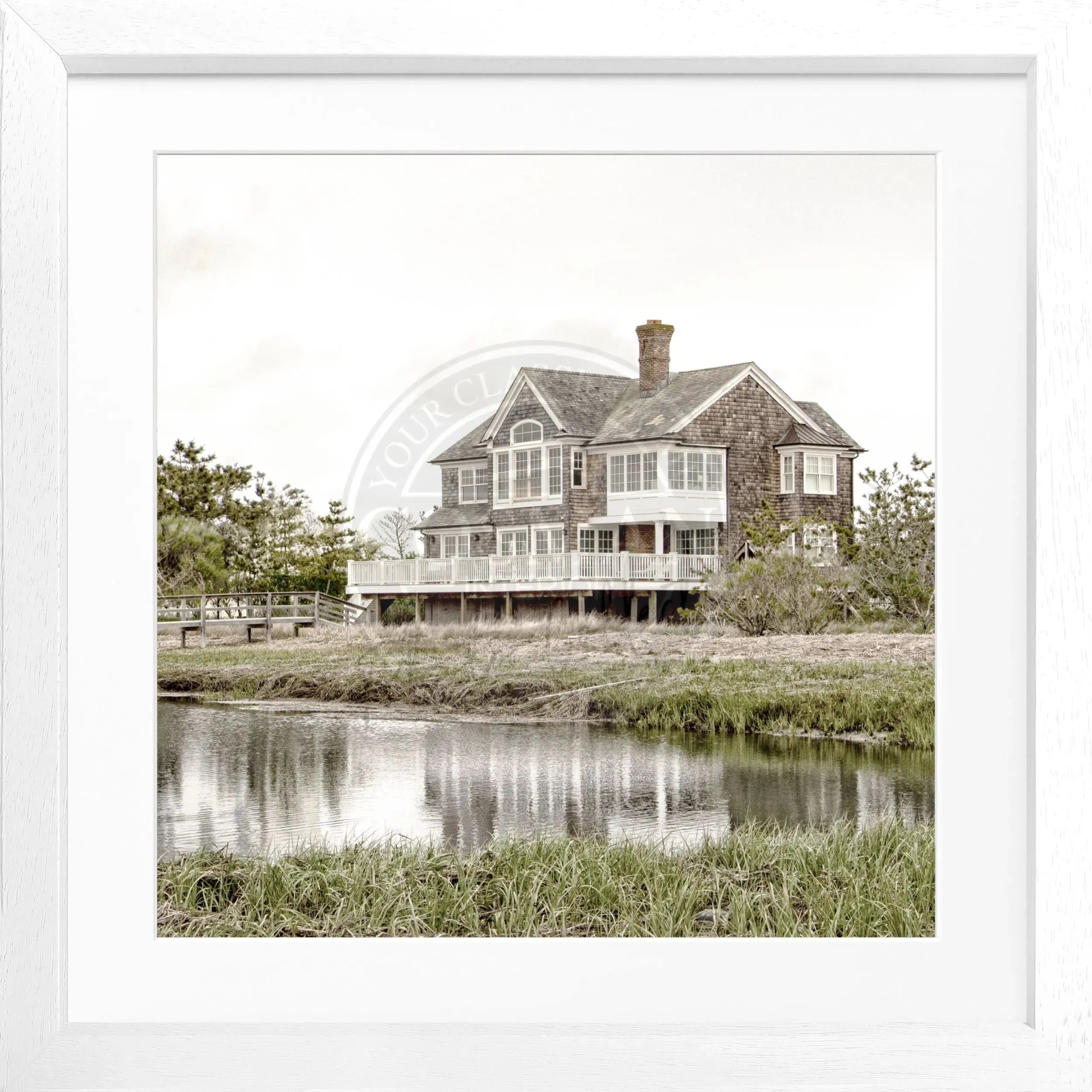 Schwarz-weiß Poster mit Rahmen, Hamptons Long Island ’Beach House’, von Cosman-Photocollection, quadratisches Bild, 55x55 cm