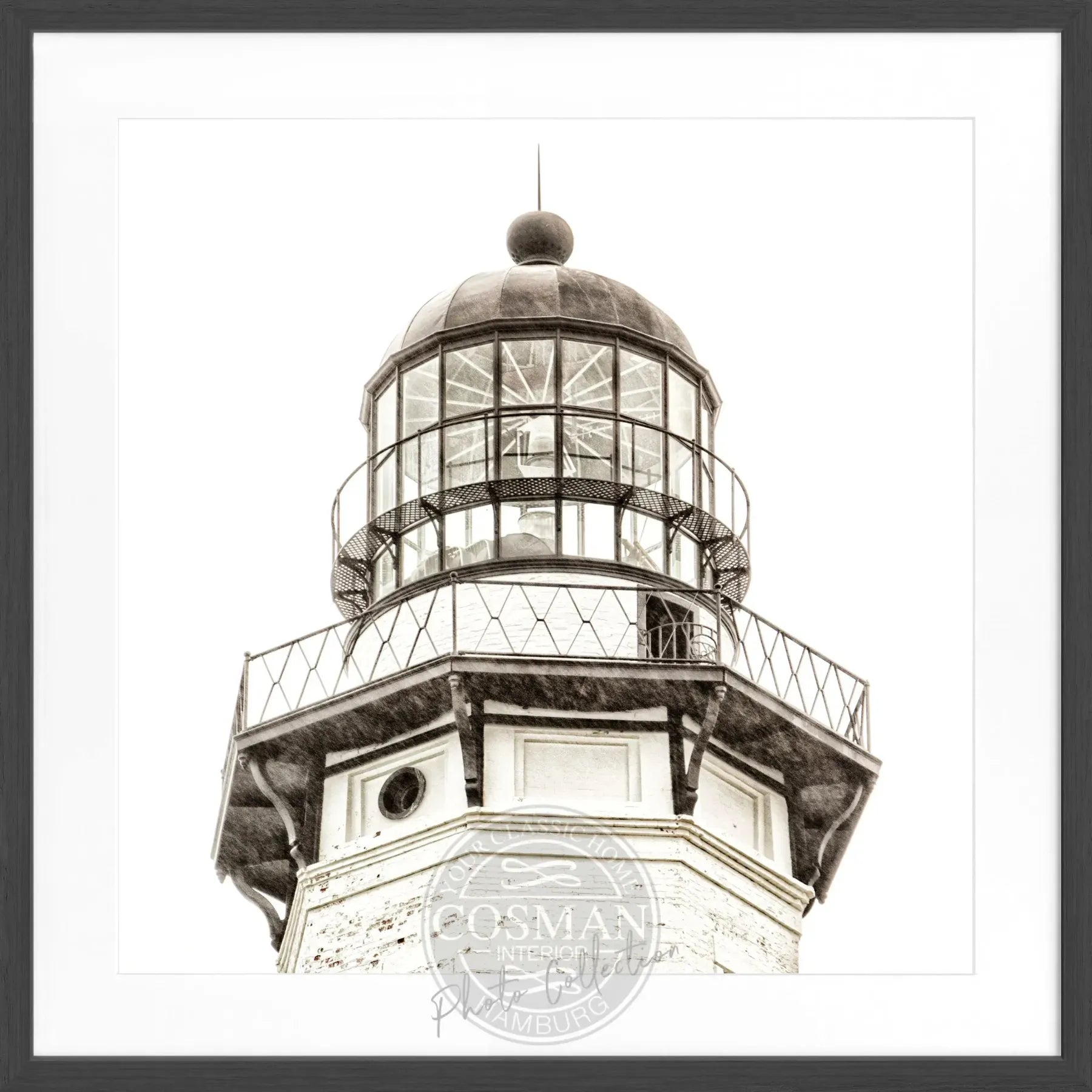 Schwarz-weiß Poster mit Rahmen von Cosman-Photocollection, Hamptons Montauk Leuchtturm, quadratisches Motiv, 55x55 cm