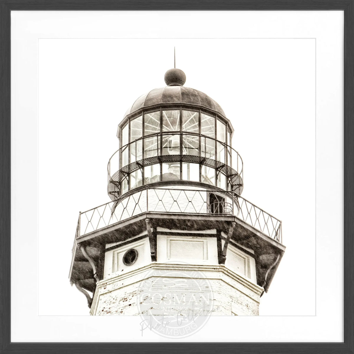 Schwarz-weiß Poster mit Rahmen von Cosman-Photocollection, Hamptons Montauk Leuchtturm, quadratisches Motiv, 55x55 cm