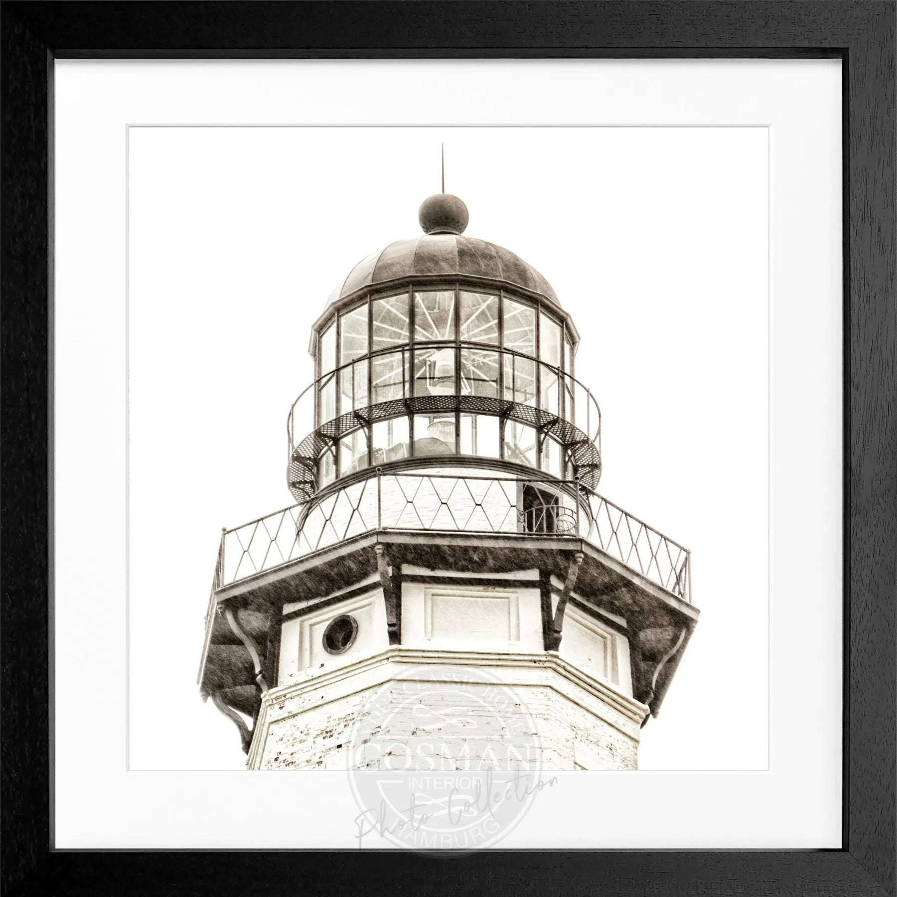 Schwarz-weiß Poster mit Rahmen von Cosman-Photocollection, Montauk Lighthouse in den Hamptons, quadratisch 55x55cm.