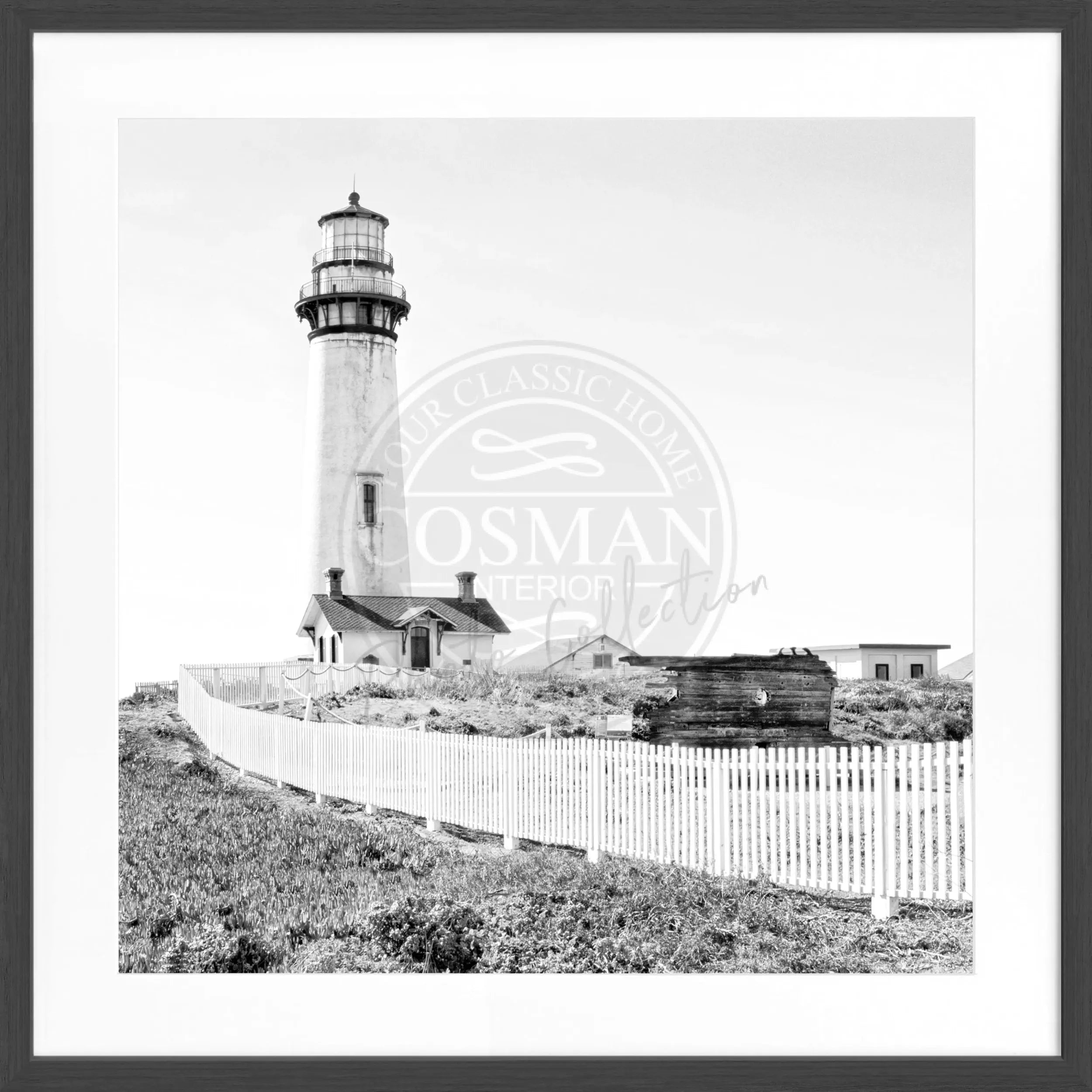 Schwarz-weiß Poster mit Rahmen, Kalifornien Lighthouse Pigeon Point, von Cosman-Photocollection, quadratisches Wandbild 55x55 cm