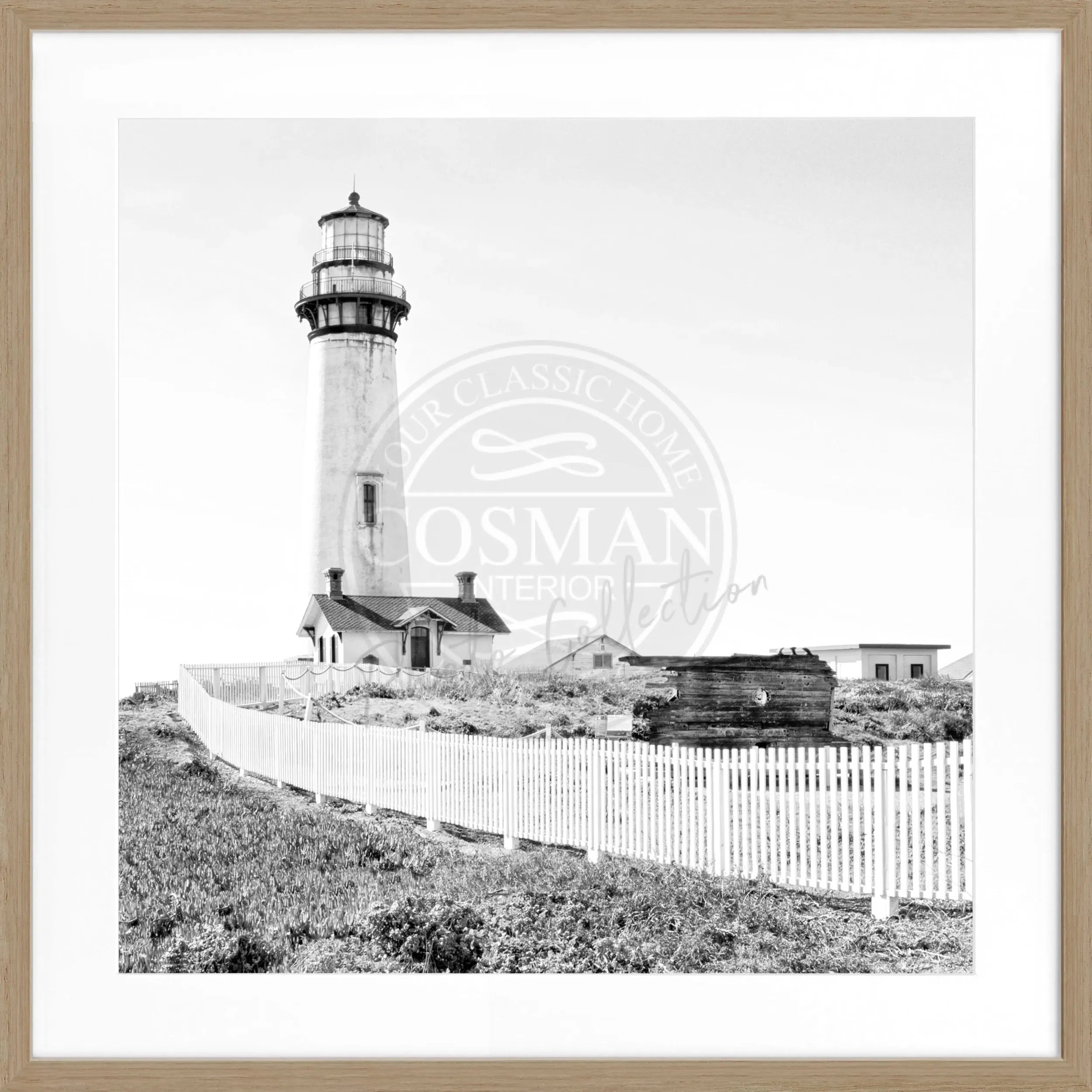 Schwarz-weiß Poster mit Rahmen von Cosman-Photocollection, Kalifornien Leuchtturm Pigeon Point, quadratisch 55x55cm