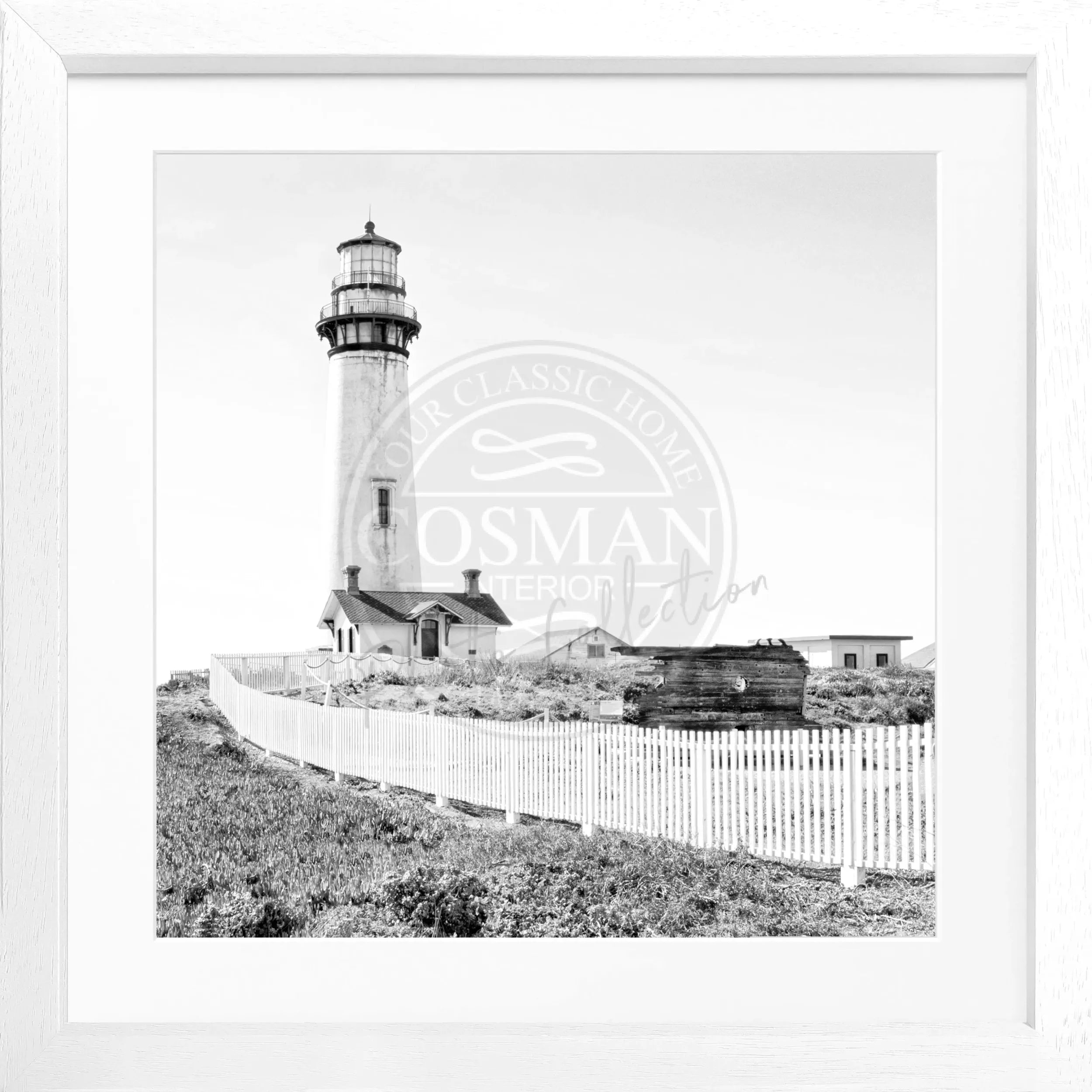 Schwarz-weiß Poster mit Rahmen von Cosman-Photocollection, Kalifornien Lighthouse Pigeon Point, quadratisches 55x55cm Wandbild