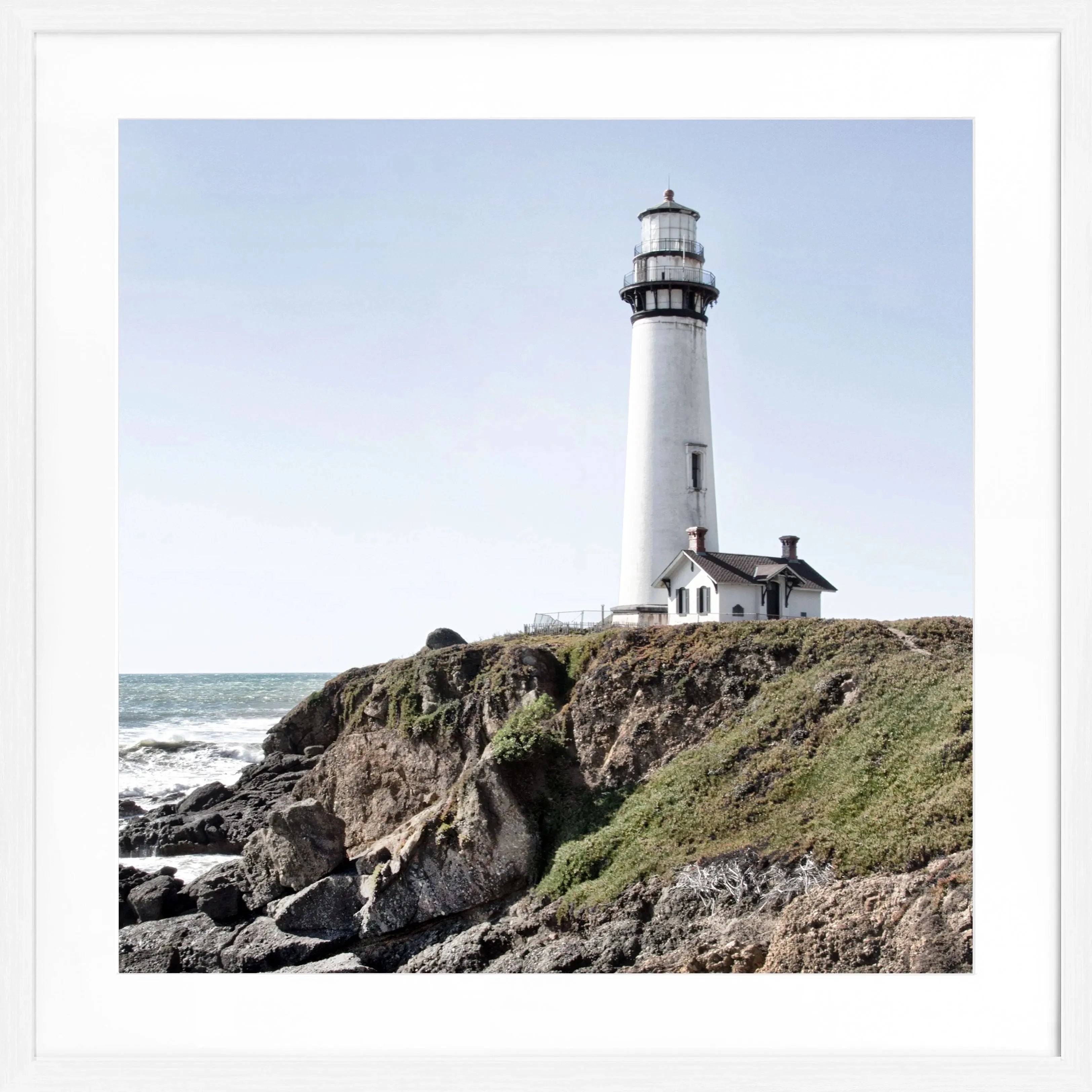 Schwarz-weiß Poster mit Rahmen, Kalifornien Pigeon Point Leuchtturm, Cosman-Photocollection, quadratisch 55x55cm.