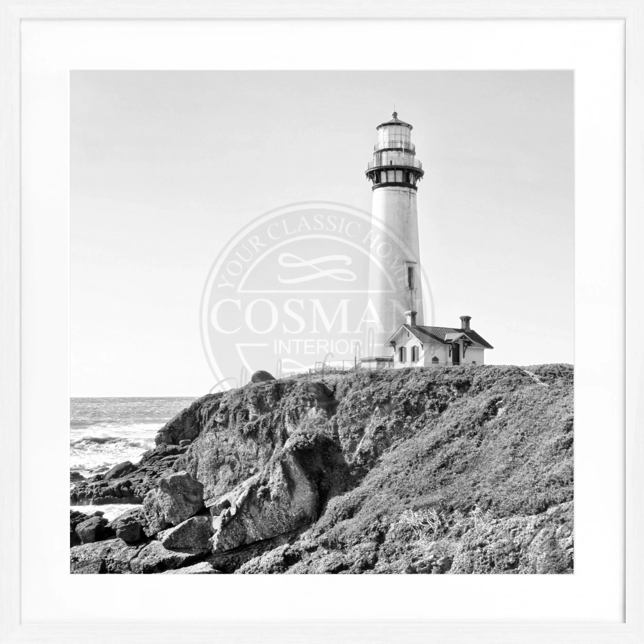 Schwarz-weiß Poster mit Rahmen, Kalifornien Lighthouse Pigeon Point, von Cosman-Photocollection, quadratisch 55x55cm.