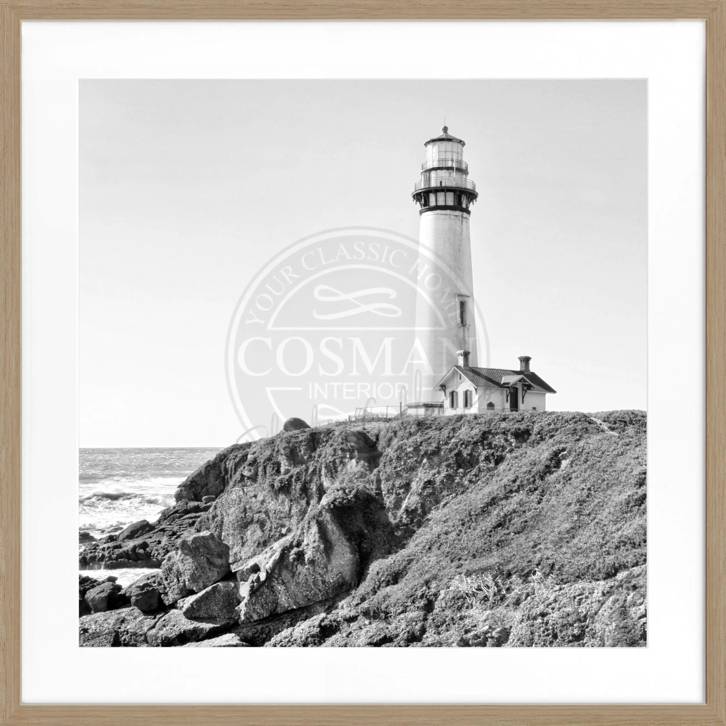 Schwarz-weiß Poster mit Rahmen von Cosman-Photocollection, Kalifornien Pigeon Point Leuchtturm, quadratisch, 55x55 cm