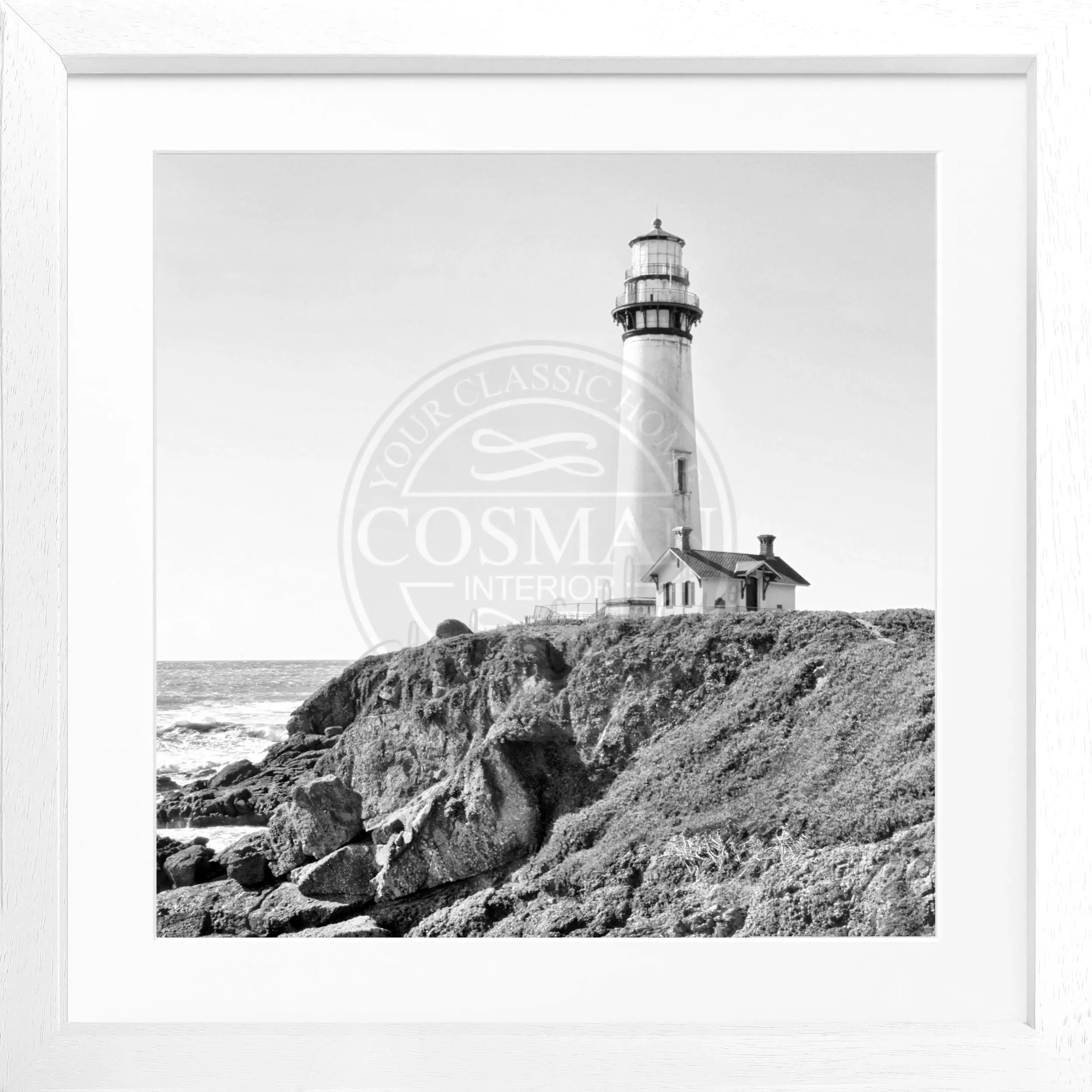 Schwarz-weiß Poster mit Rahmen von Cosman-Photocollection, Kalifornien Leuchtturm Pigeon Point, quadratisch 55x55cm