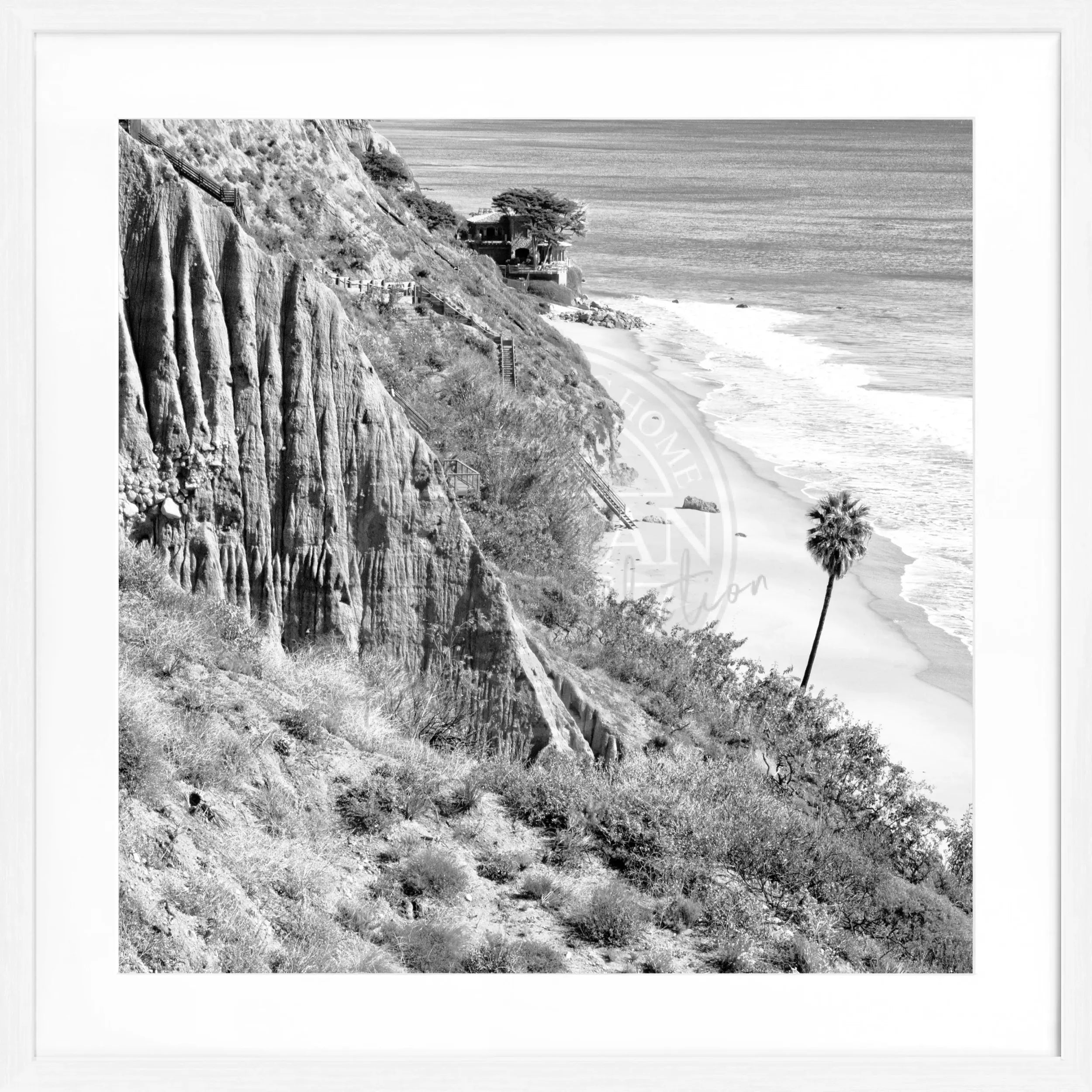 Schwarz-weißes Poster mit Rahmen von Cosman-Photocollection, Kalifornien Malibu Motiv, quadratisch 55x55 cm.