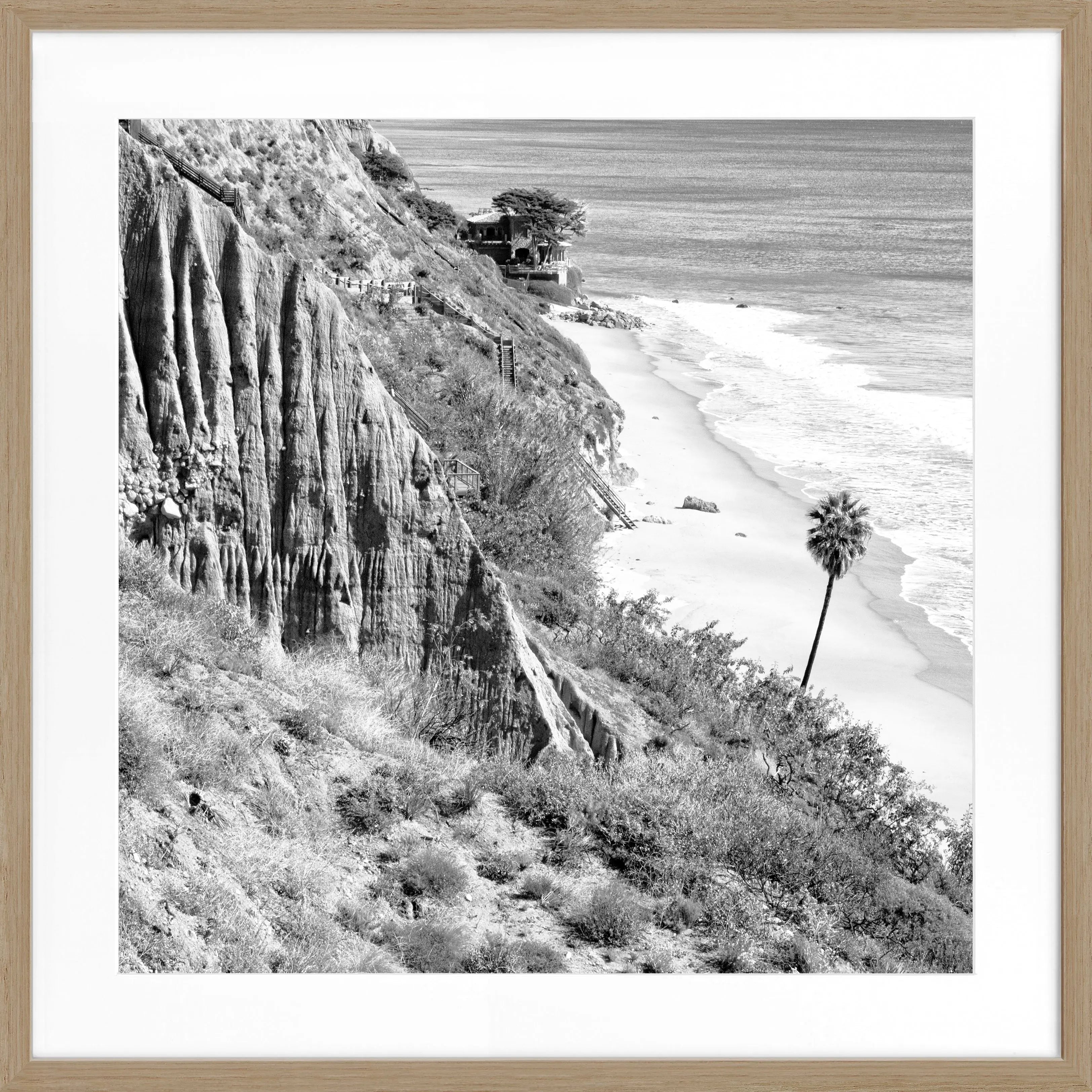Schwarz-weiß Poster mit Rahmen von Cosman-Photocollection, Kalifornien Malibu Motiv, quadratisch 55x55cm