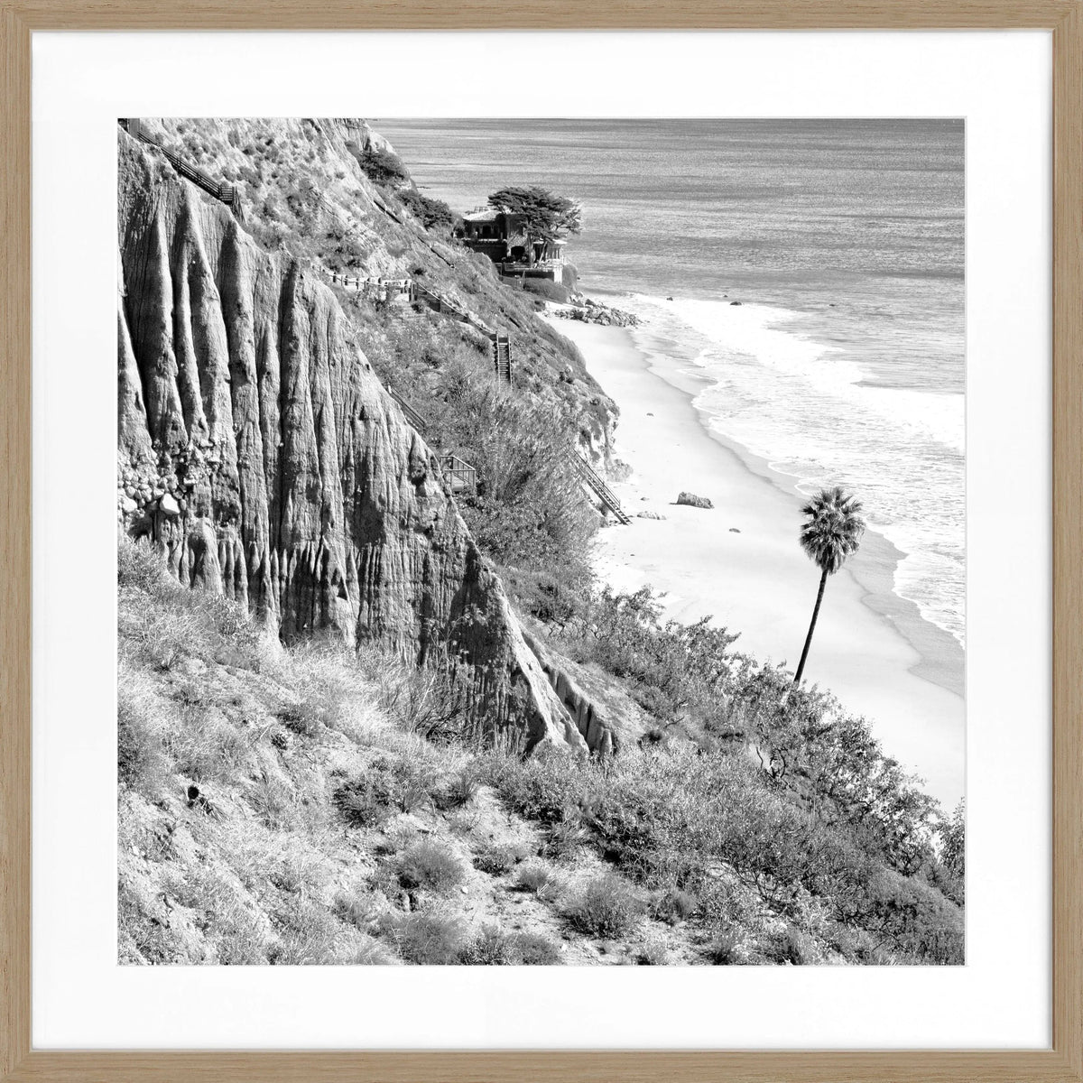 Schwarz-weiß Poster mit Rahmen, Kalifornien Malibu Motiv, quadratisch 55x55cm, von Cosman-Photocollection